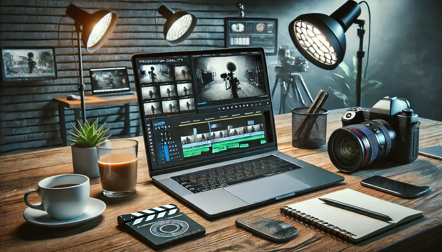 Professional workspace showing a laptop with low resolution and grainy video footage, along with poor production setup.