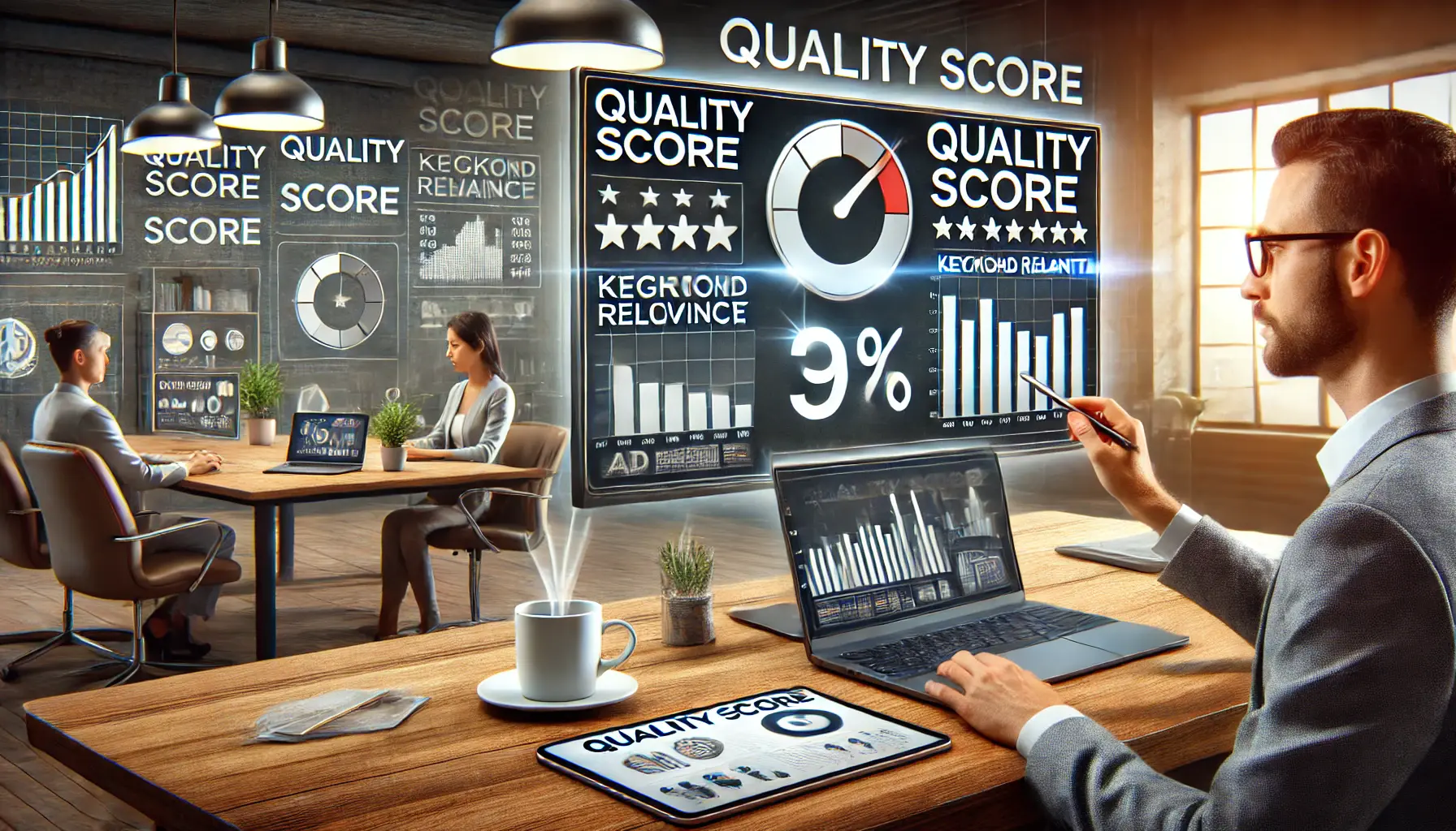 A digital marketer analyzing Quality Score data and ad performance metrics on a large screen in a modern office.