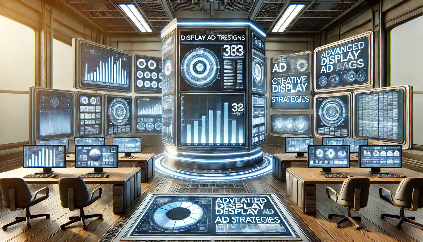 A modern workspace showcasing advertising analytics, creative ad designs, and display ad strategies in a futuristic setting.