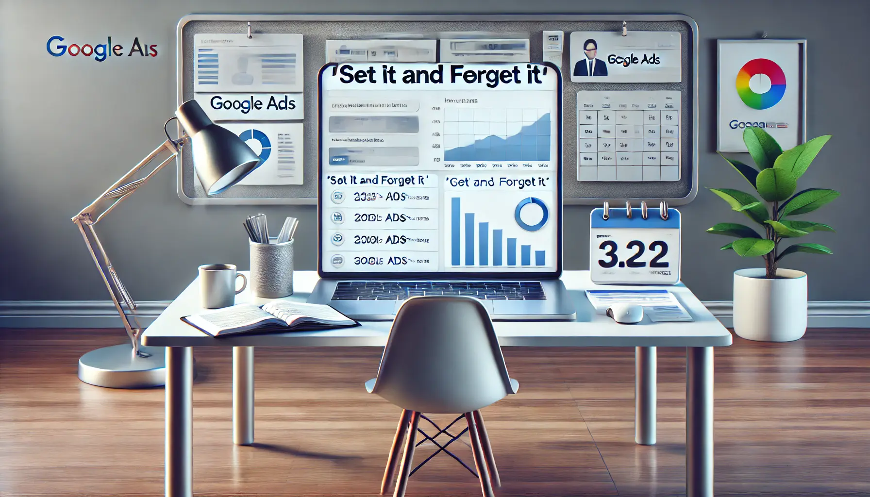 A digital workspace with a laptop displaying a Google Ads campaign dashboard that is static and unchanged, with a coffee cup and calendar symbolizing neglect.