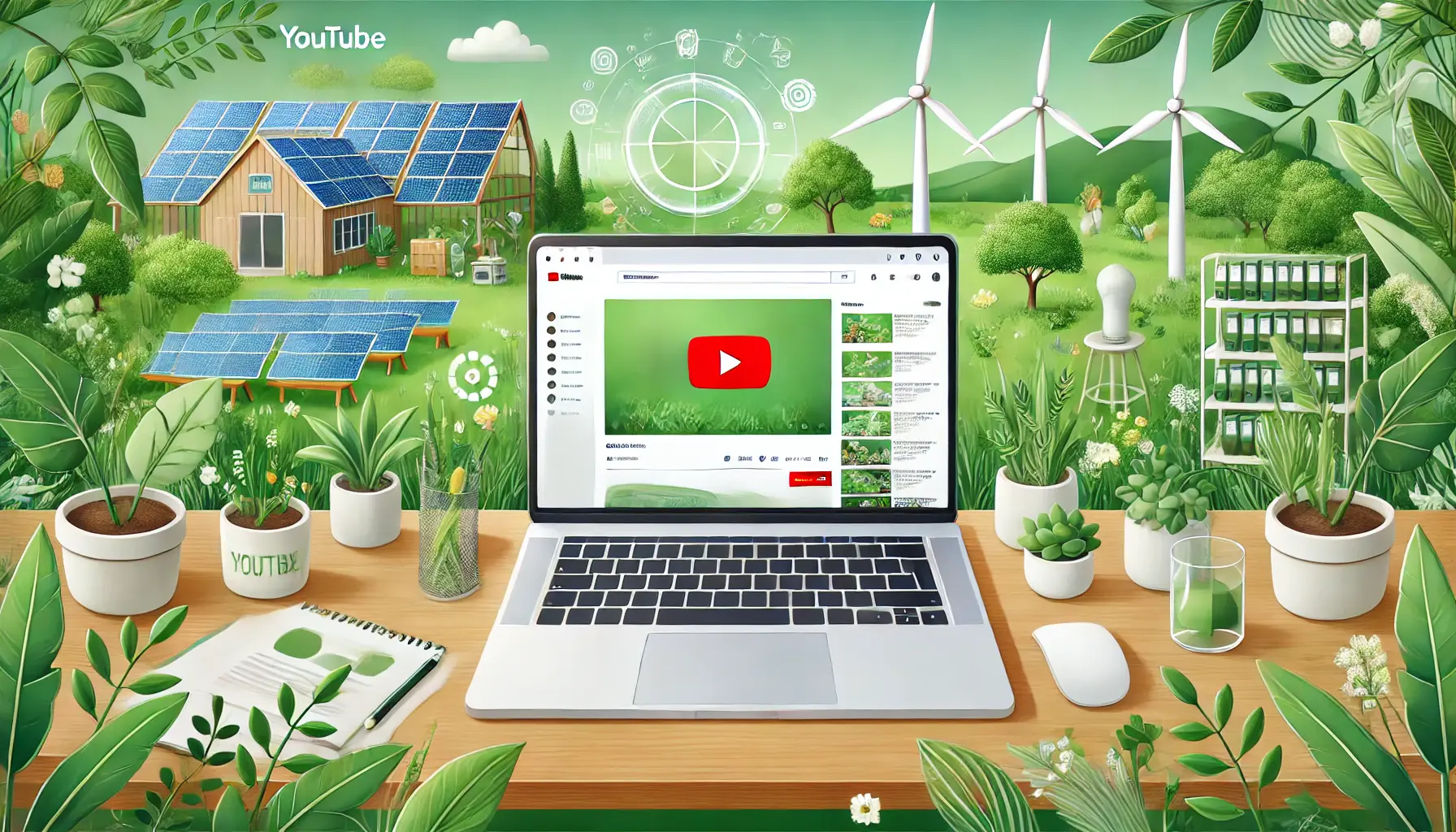 A laptop screen displaying YouTube surrounded by lush greenery, plants, and sustainable elements like wind turbines and solar panels in the background.