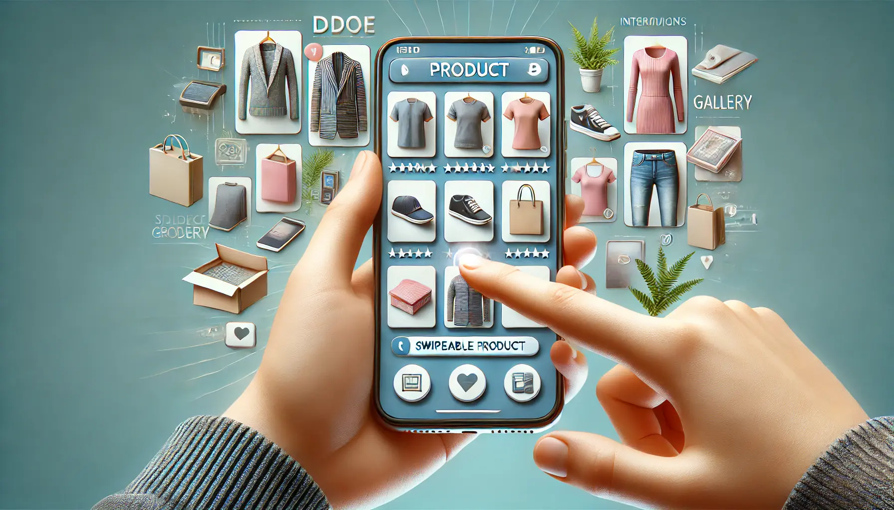 An illustration of a user interacting with a swipeable product gallery on a smartphone, browsing through a variety of retail items such as clothing and electronics.