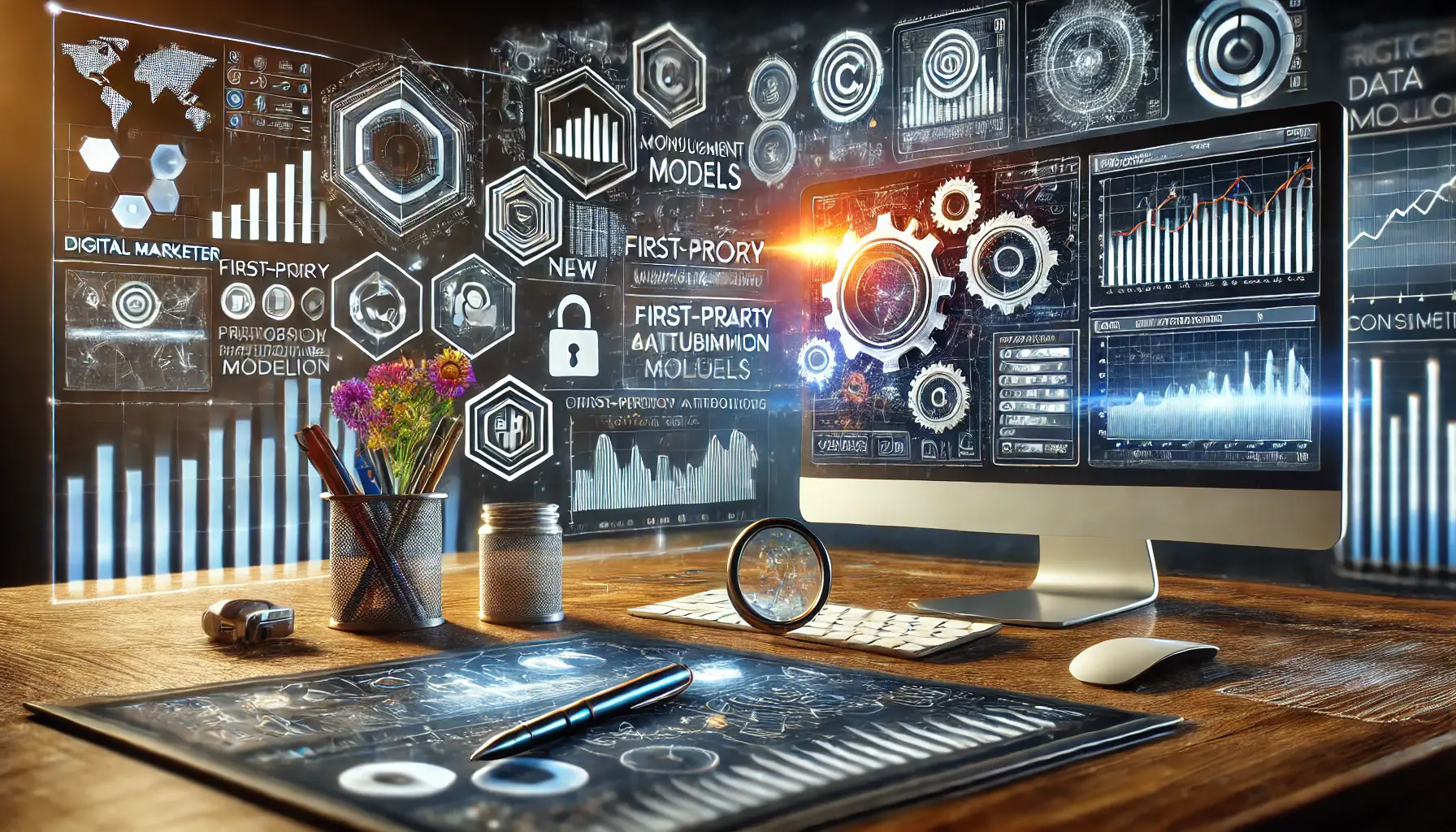 Digital artwork showing a digital marketer updating measurement and attribution models with dashboards displaying first-party data and privacy-compliant attribution tools.