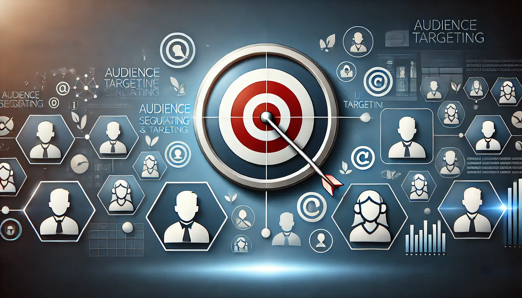 Abstract image symbolizing audience targeting, featuring a target, user personas, and digital tools.