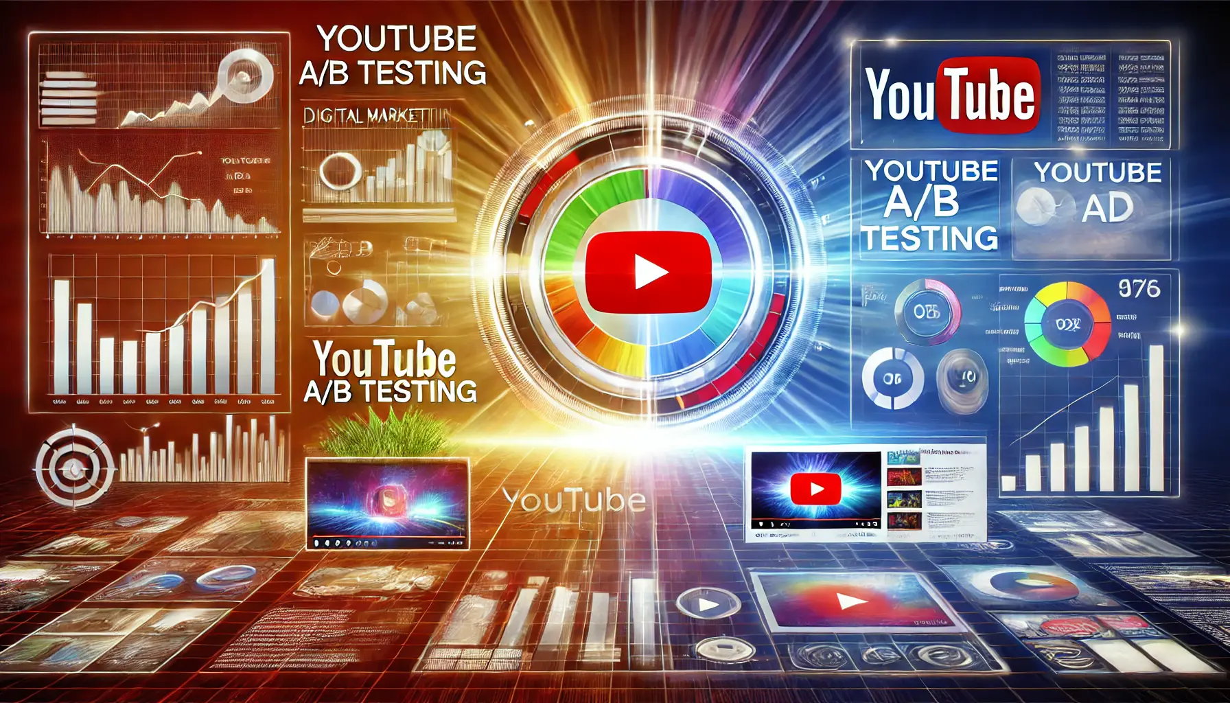 A visual representation of A/B testing for YouTube ads, showcasing contrasting video ad styles and performance metrics on a split-screen dashboard.