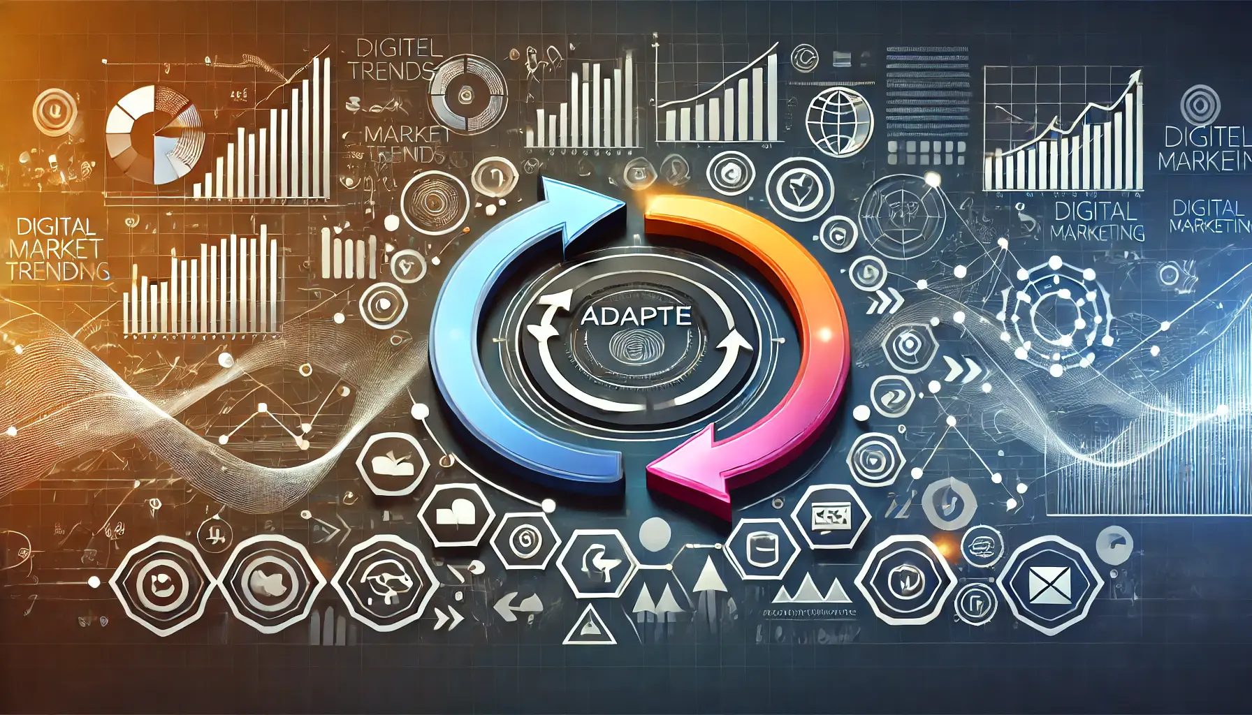 An illustration showing shifting trends with symbols like arrows, graphs, and changing digital icons to represent adapting to market changes.