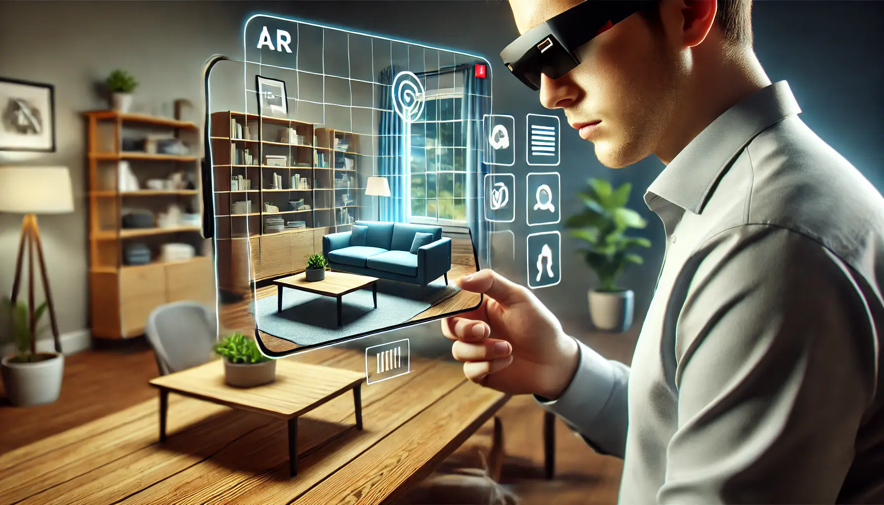 An illustration of a user interacting with augmented reality (AR) using a smartphone or AR glasses, visualizing and interacting with virtual objects in the real world.