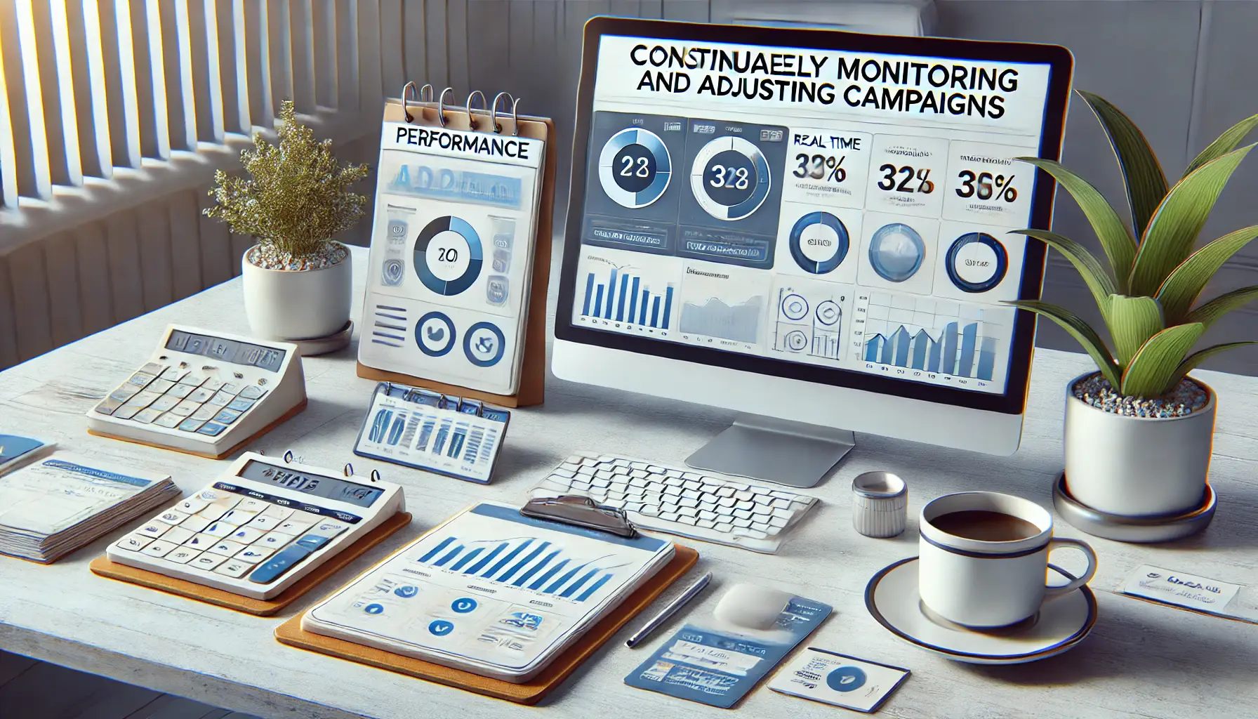 A digital marketing workspace with a computer displaying real-time ad metrics, performance graphs, and optimization tools, surrounded by a calendar, coffee cup, and notepad with notes on campaign adjustments.