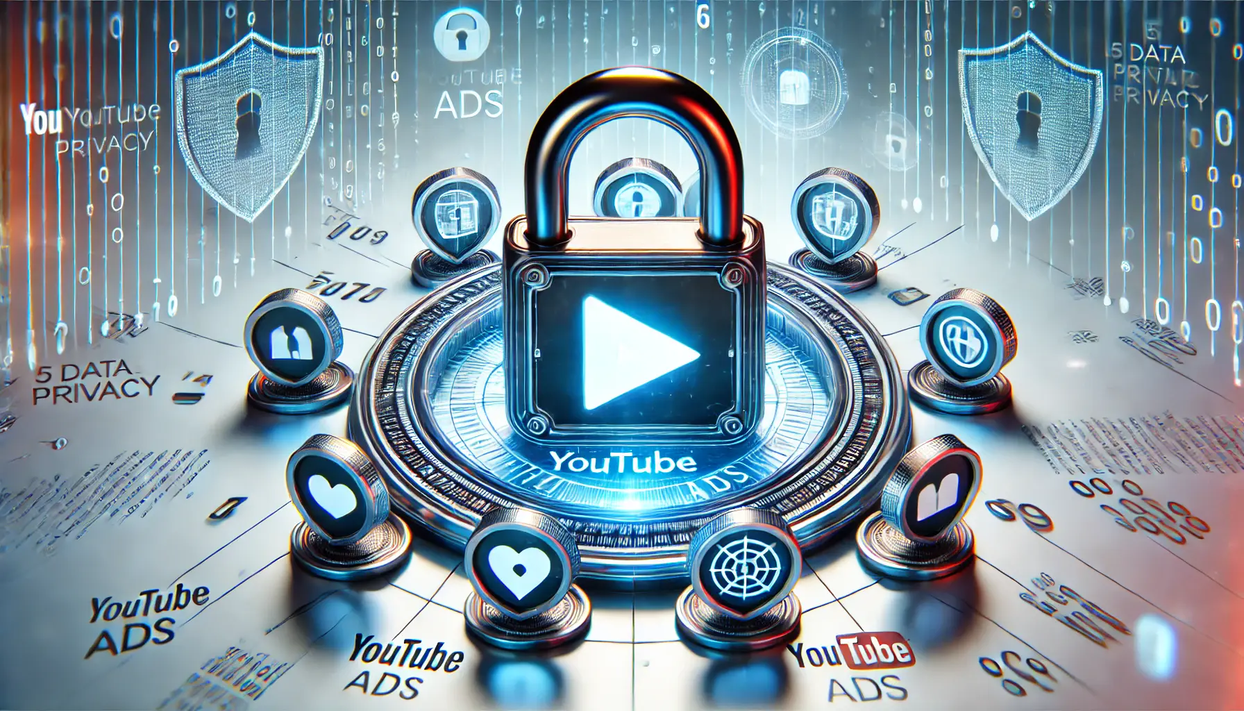 A stylized YouTube play button embedded within a digital lock, surrounded by binary code and privacy icons, representing data security in digital advertising.