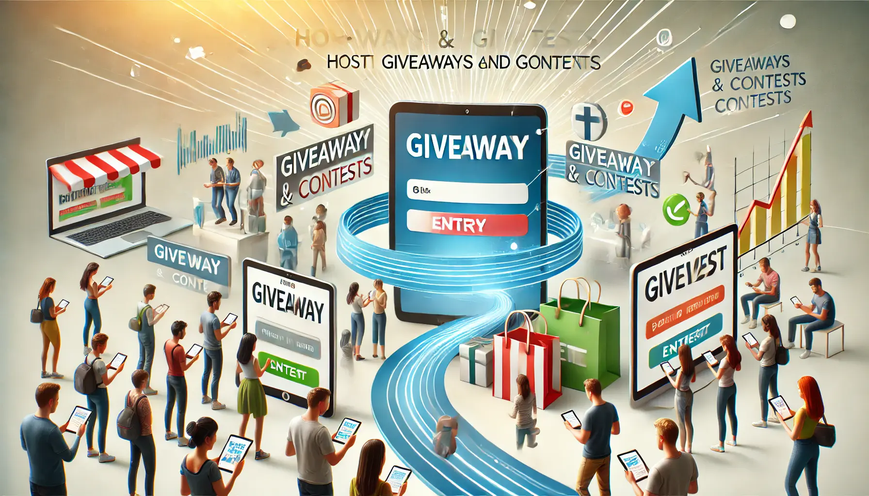 An illustration showing people participating in a contest or giveaway, with devices displaying entry forms and interactions.