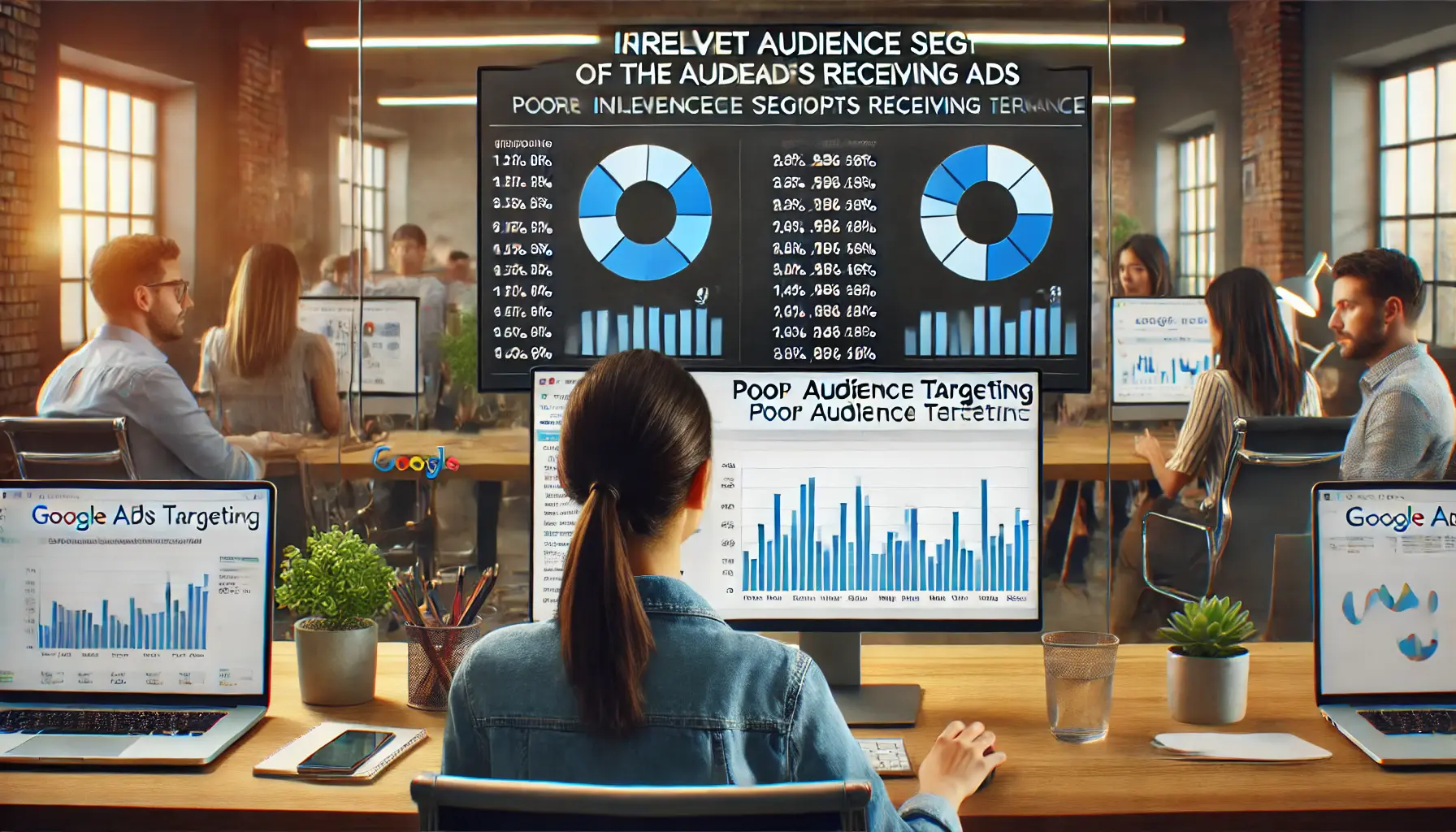 A digital marketing professional analyzing Google Ads campaign data showing poor audience targeting and irrelevant audience groups receiving ads in a modern office setting.