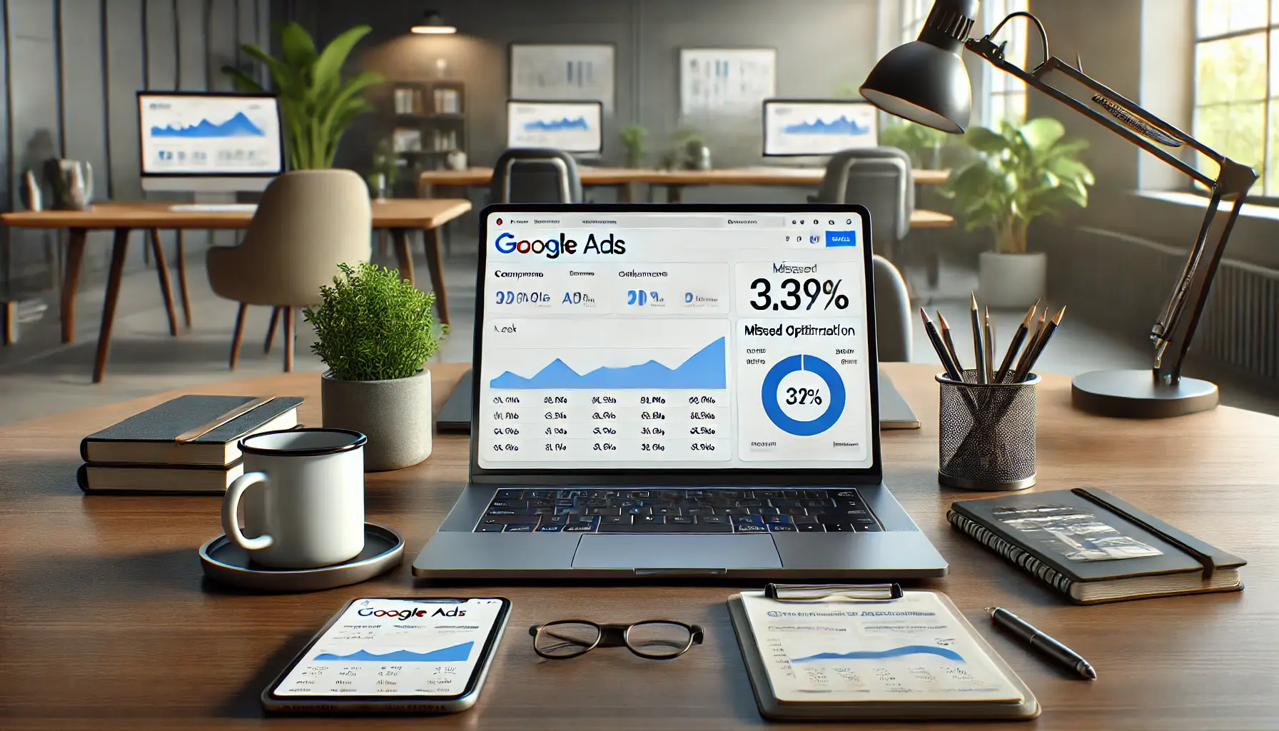 A laptop displaying the Google Ads interface showing campaign performance data, set on a desk with a coffee mug, tablet, and notebook.