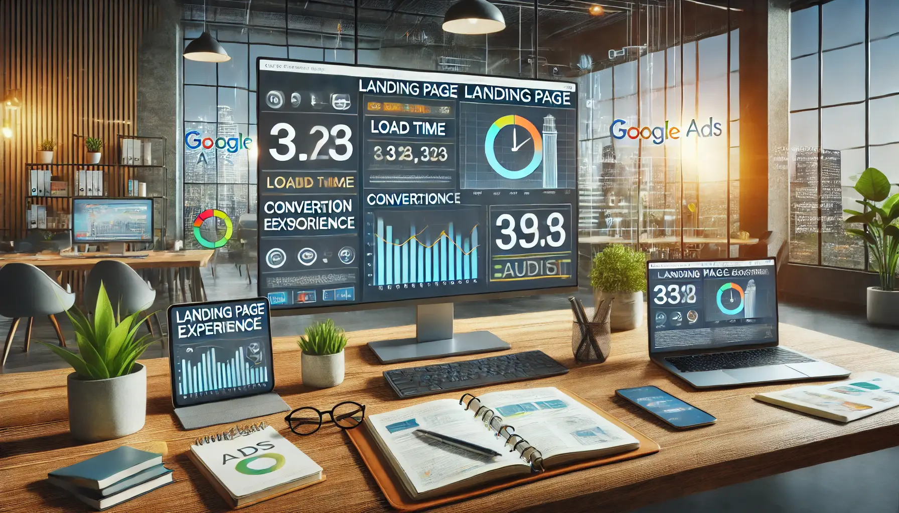 A digital marketer analyzing landing page performance metrics like load time and conversion rates on a large screen in a modern workspace.