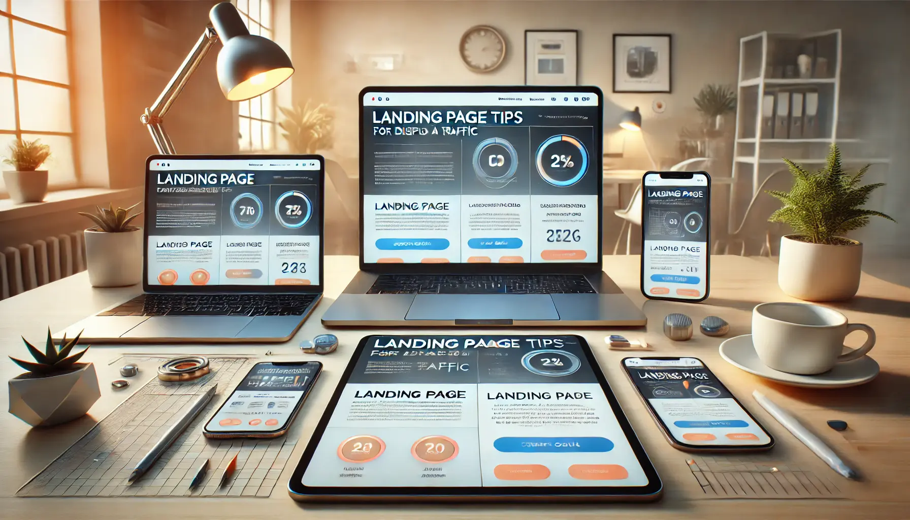 A modern workspace showcasing a sleek landing page interface on multiple devices like a laptop, tablet, and smartphone, emphasizing a clean and fast-loading design.