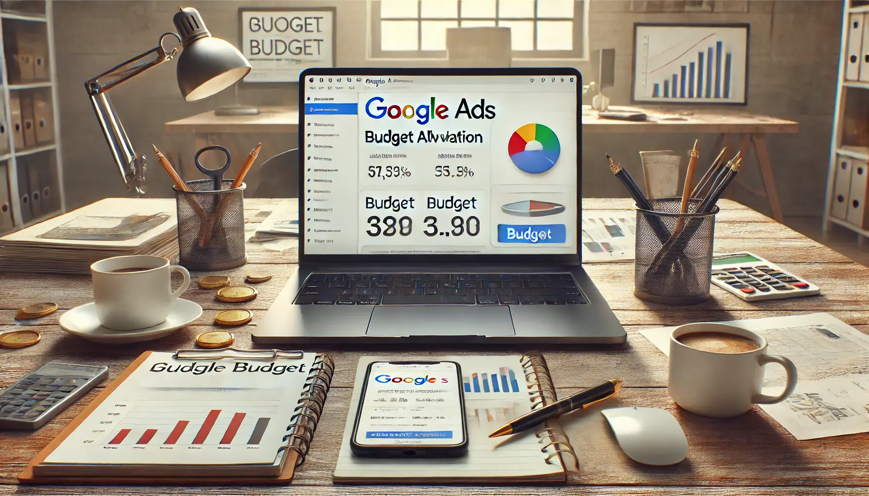 A laptop displaying a Google Ads dashboard with budget allocation and spending limits, surrounded by a smartphone, notebook, coffee cup, and graphs showing budget constraints in a modern office setting.