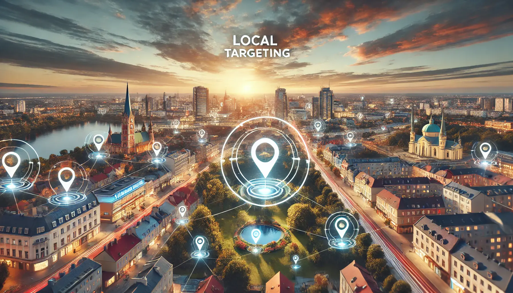 A vibrant cityscape at sunset featuring urban elements like buildings, parks, and shopping districts, symbolizing local connectivity for targeted advertising.