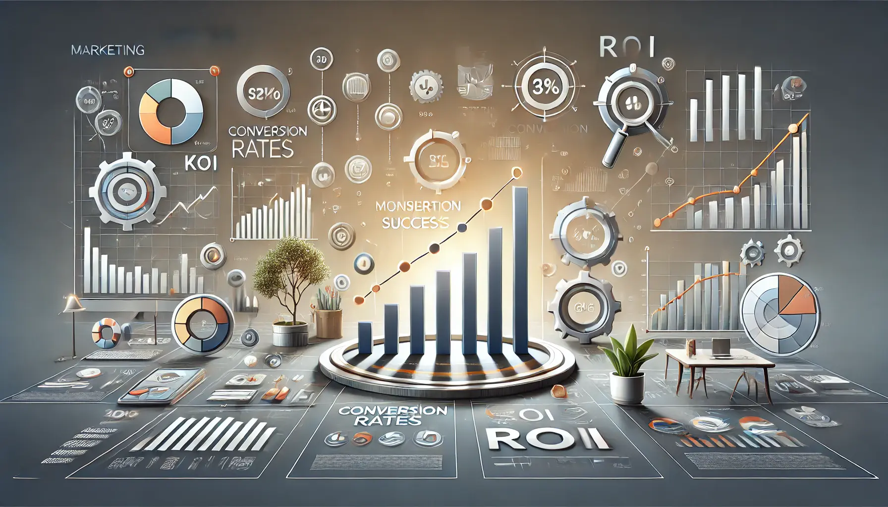 An image illustrating the concept of measuring success in marketing, with performance metrics such as charts, graphs, and KPIs tracking conversion rates, engagement, and ROI.