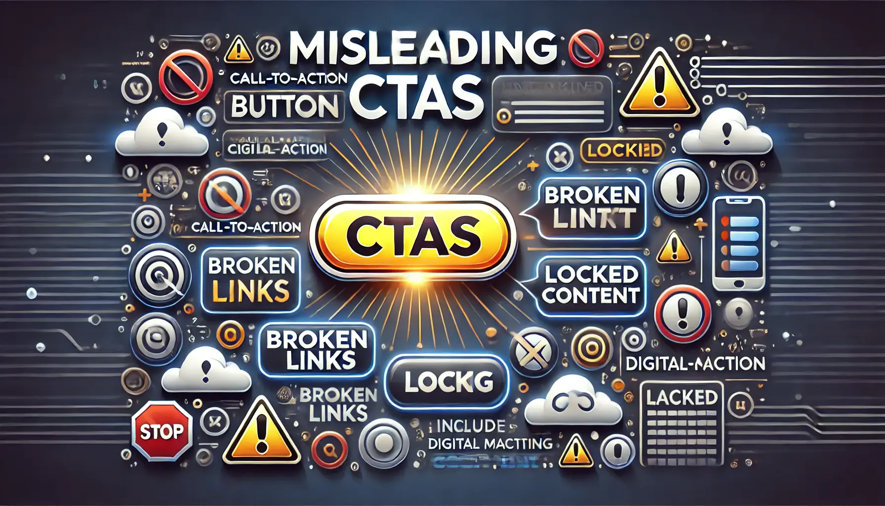 An image depicting a glowing call-to-action button contrasted with visual cues like broken links and locked content, symbolizing misleading user experiences.