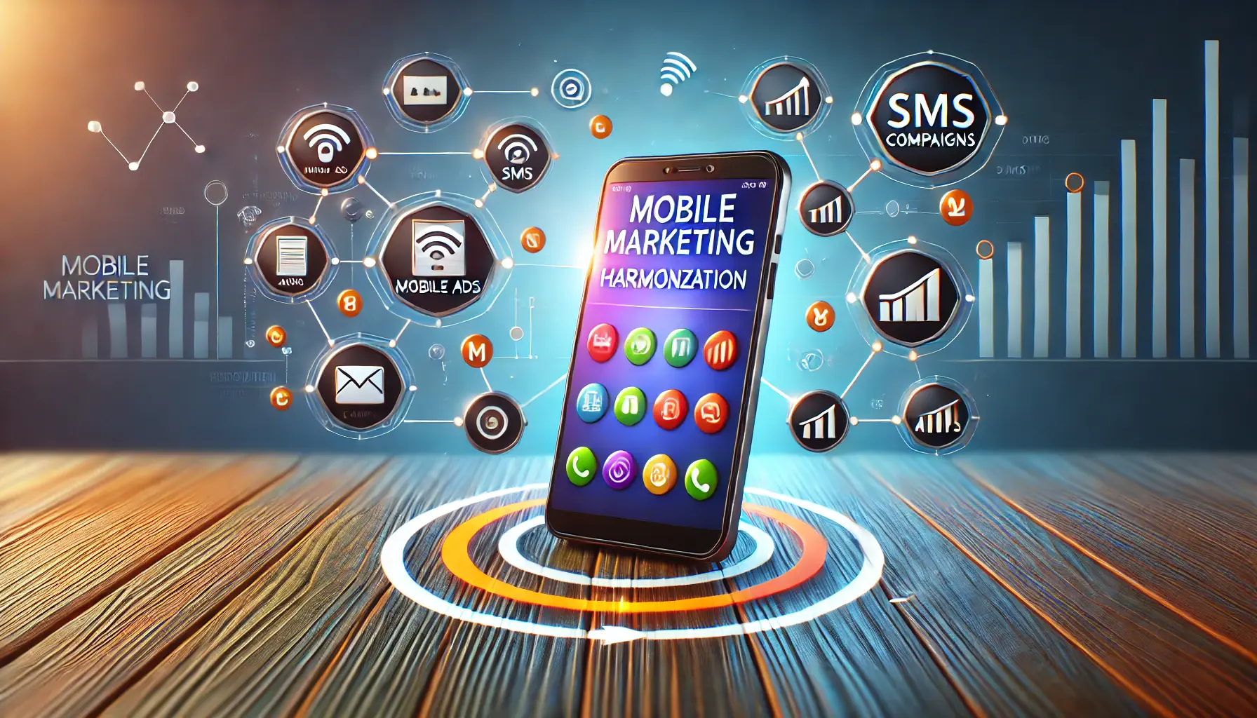 An image showing mobile marketing harmonization, with icons representing mobile ads, SMS campaigns, and mobile apps, connected by arrows to highlight integration across mobile platforms.