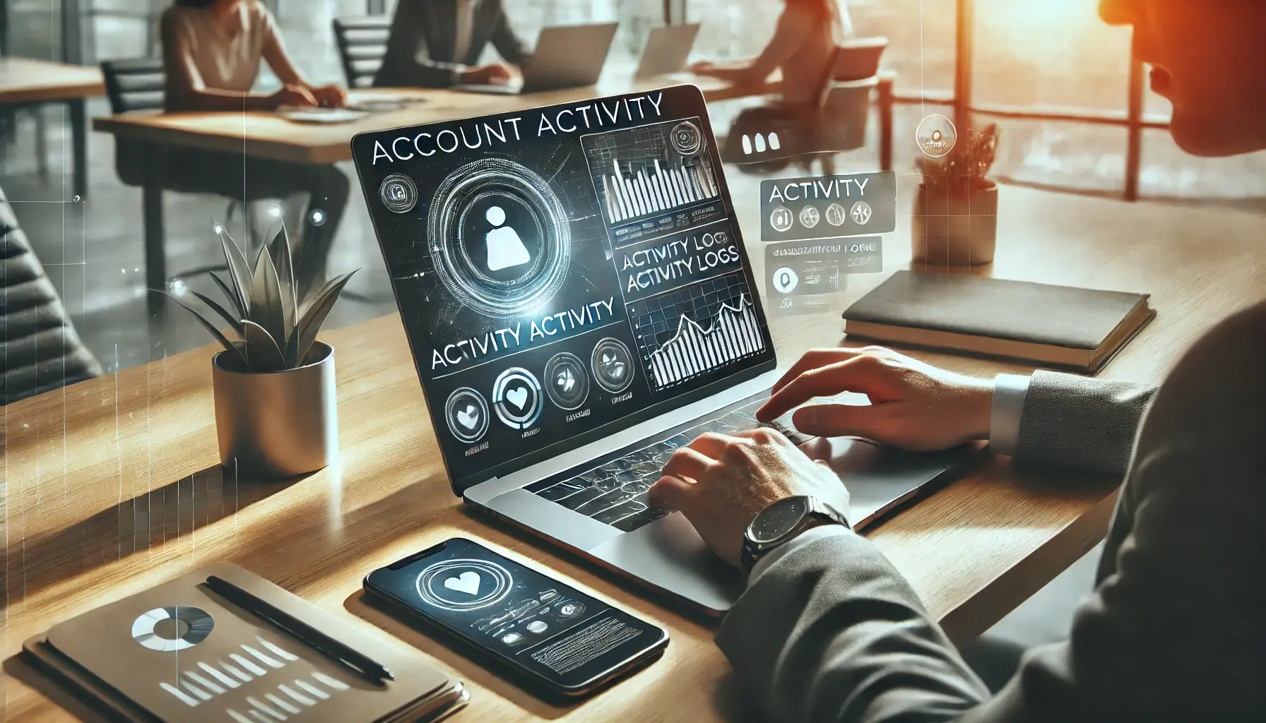 A person monitoring account activity on a laptop in a modern office, symbolizing the process of reviewing account changes and logs.