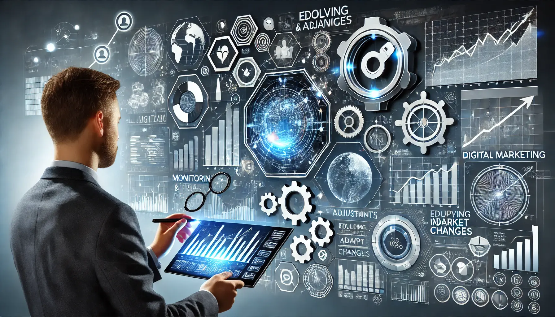 Illustration showing a person monitoring market trends and adapting to industry changes in digital marketing with graphs and analytics.