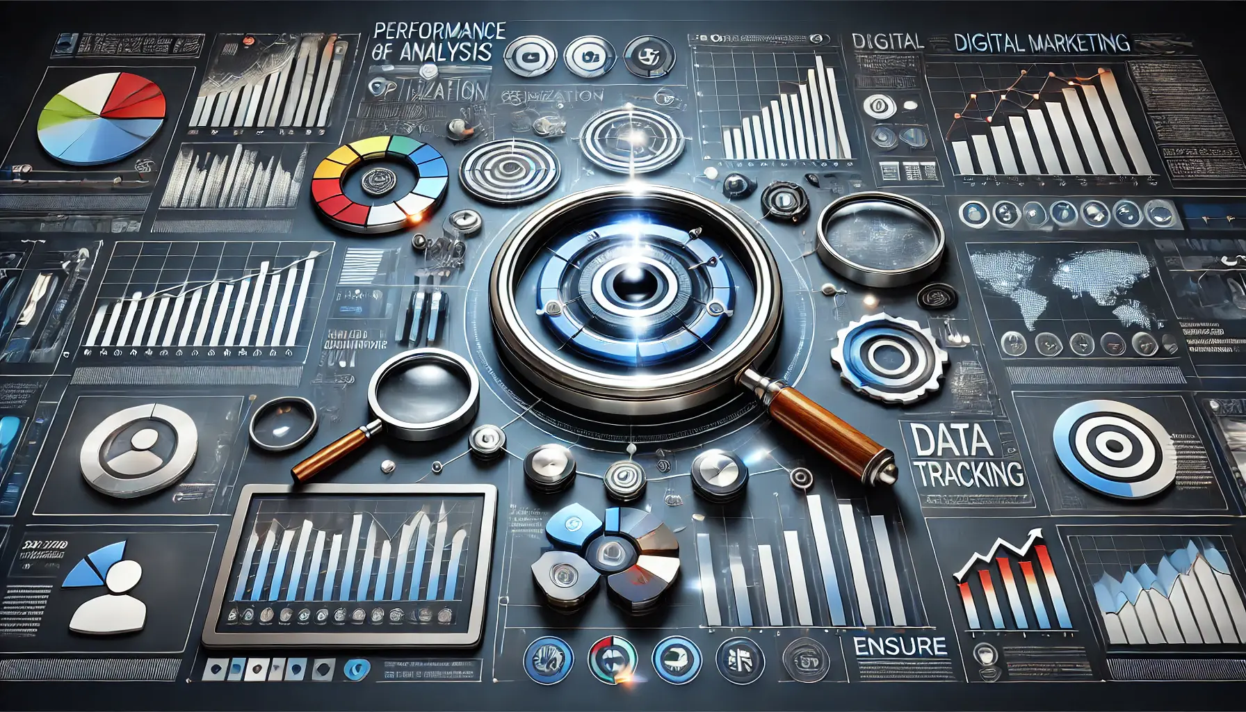 Abstract image symbolizing the monitoring and analysis of performance, featuring graphs, magnifying glasses, and data tracking tools.