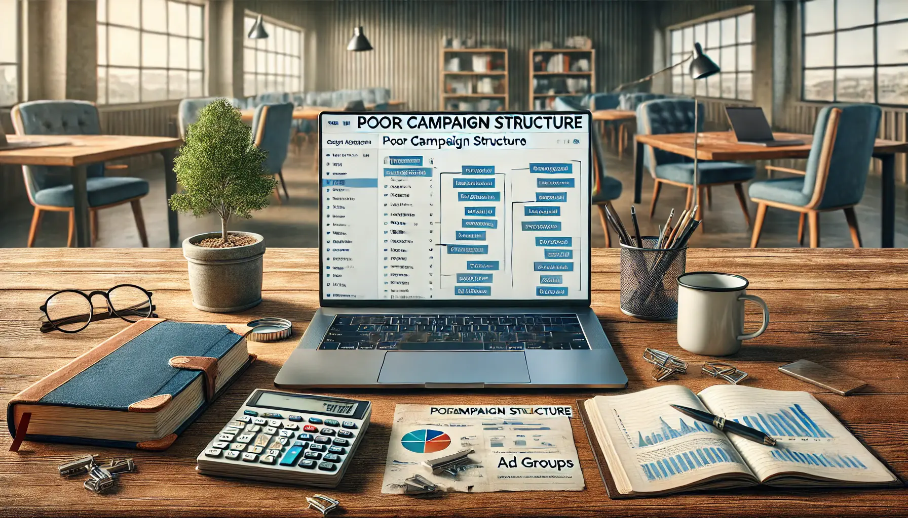 A digital marketer reviewing a disorganized Google Ads campaign structure on a laptop, with ungrouped keywords and unrelated ad groups, in a modern office setting with a notebook, pen, and coffee cup on the desk.