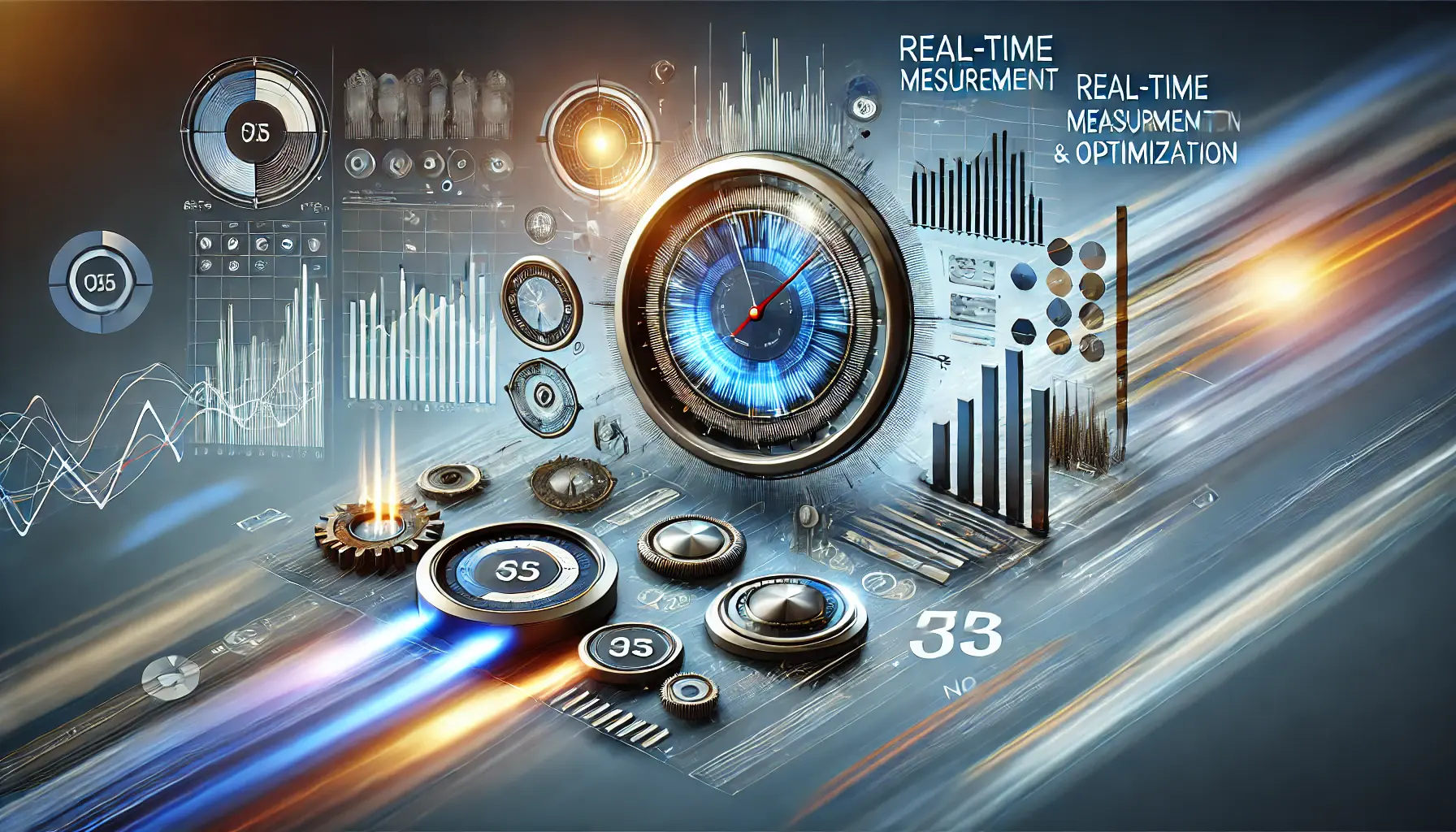 Abstract image symbolizing real-time measurement and optimization, featuring data dashboards, performance metrics, and optimization tools.