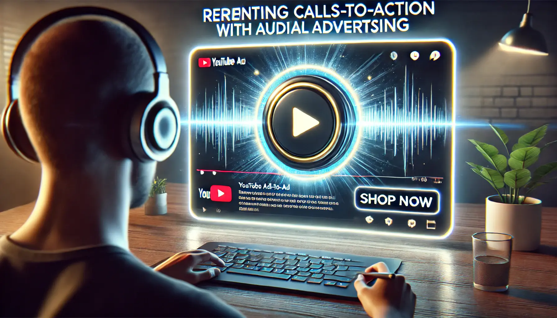 A viewer using headphones while interacting with a YouTube ad interface, with a glowing call-to-action button and voice-over prompt reinforcing the action.