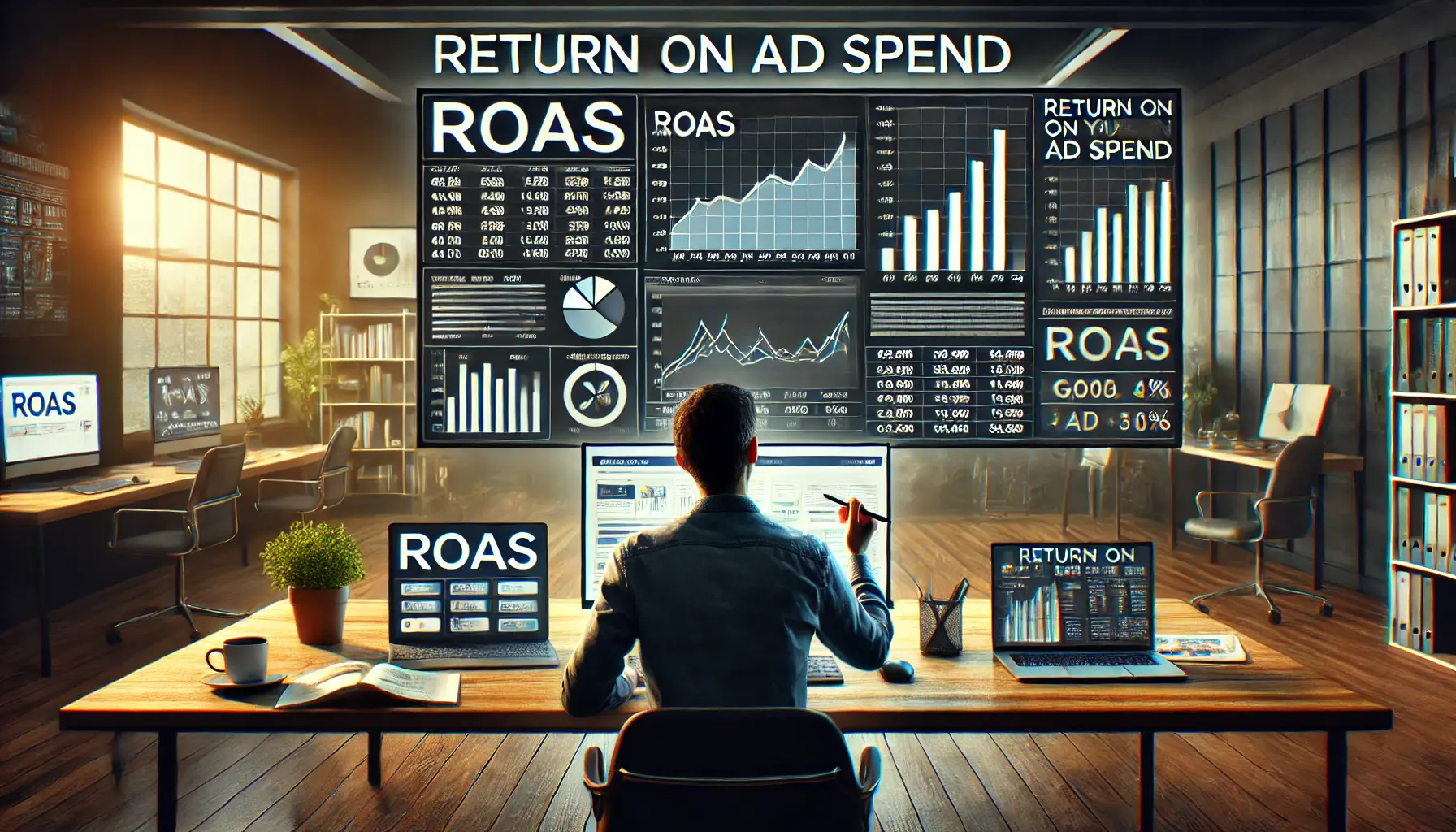 A digital marketer analyzing Return on Ad Spend (ROAS) trends and ad performance metrics on a large screen in a modern office.