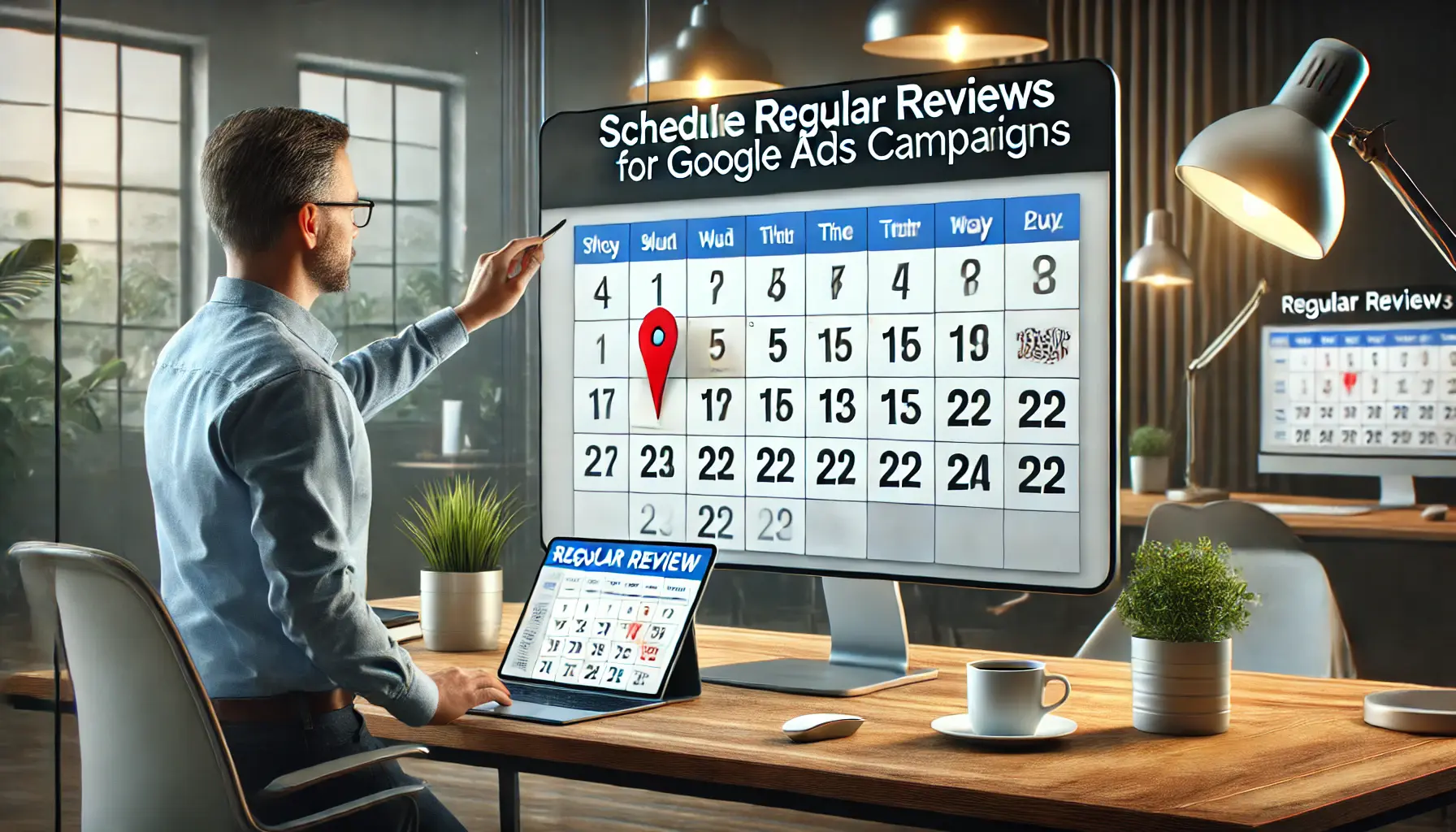 A digital marketer setting up a calendar for regular reviews of Google Ads campaigns on a large screen in a modern office.