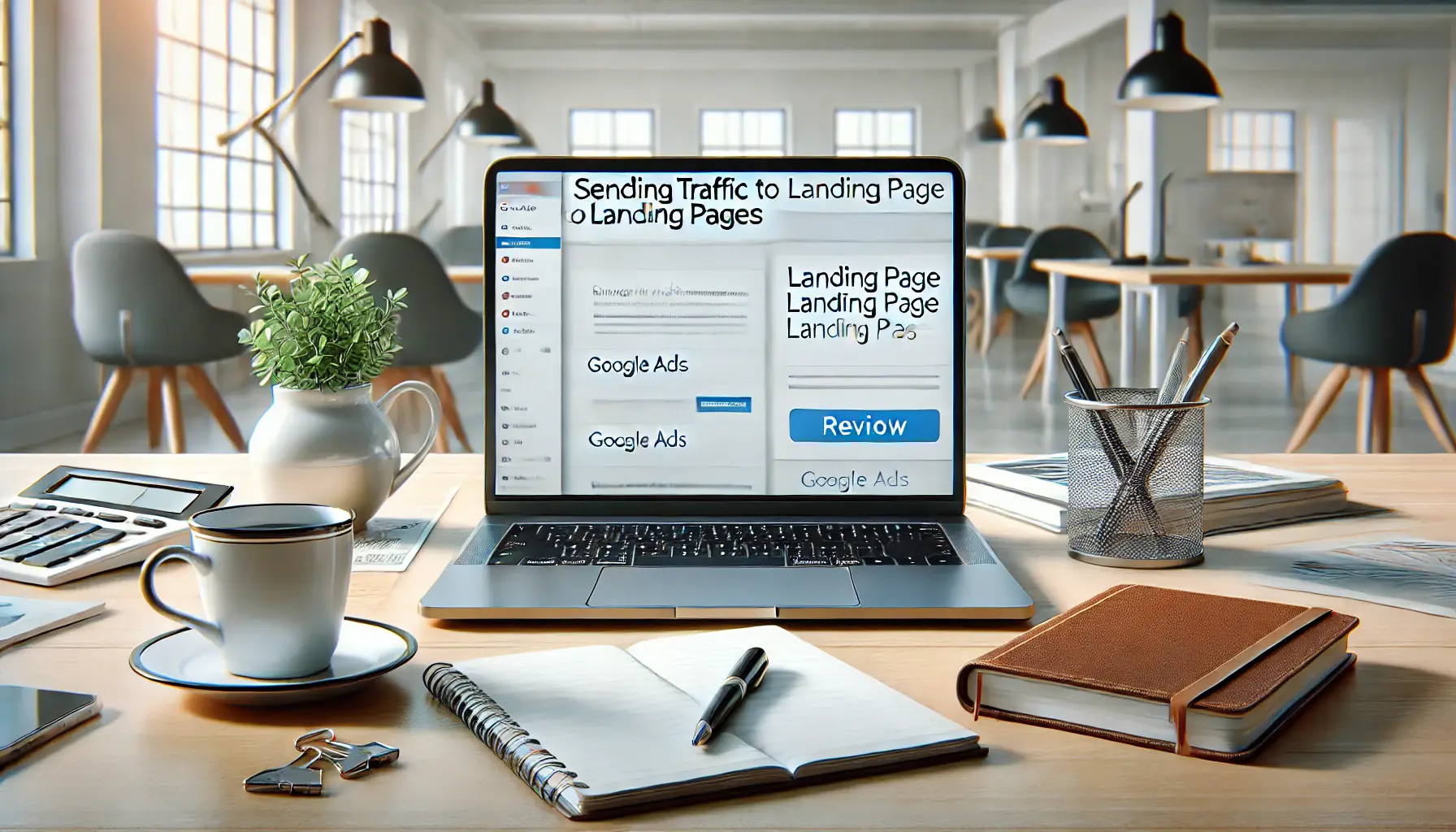 A modern office workspace with a laptop displaying a Google Ads campaign dashboard and a generic landing page, surrounded by a notepad, coffee cup, and pen.