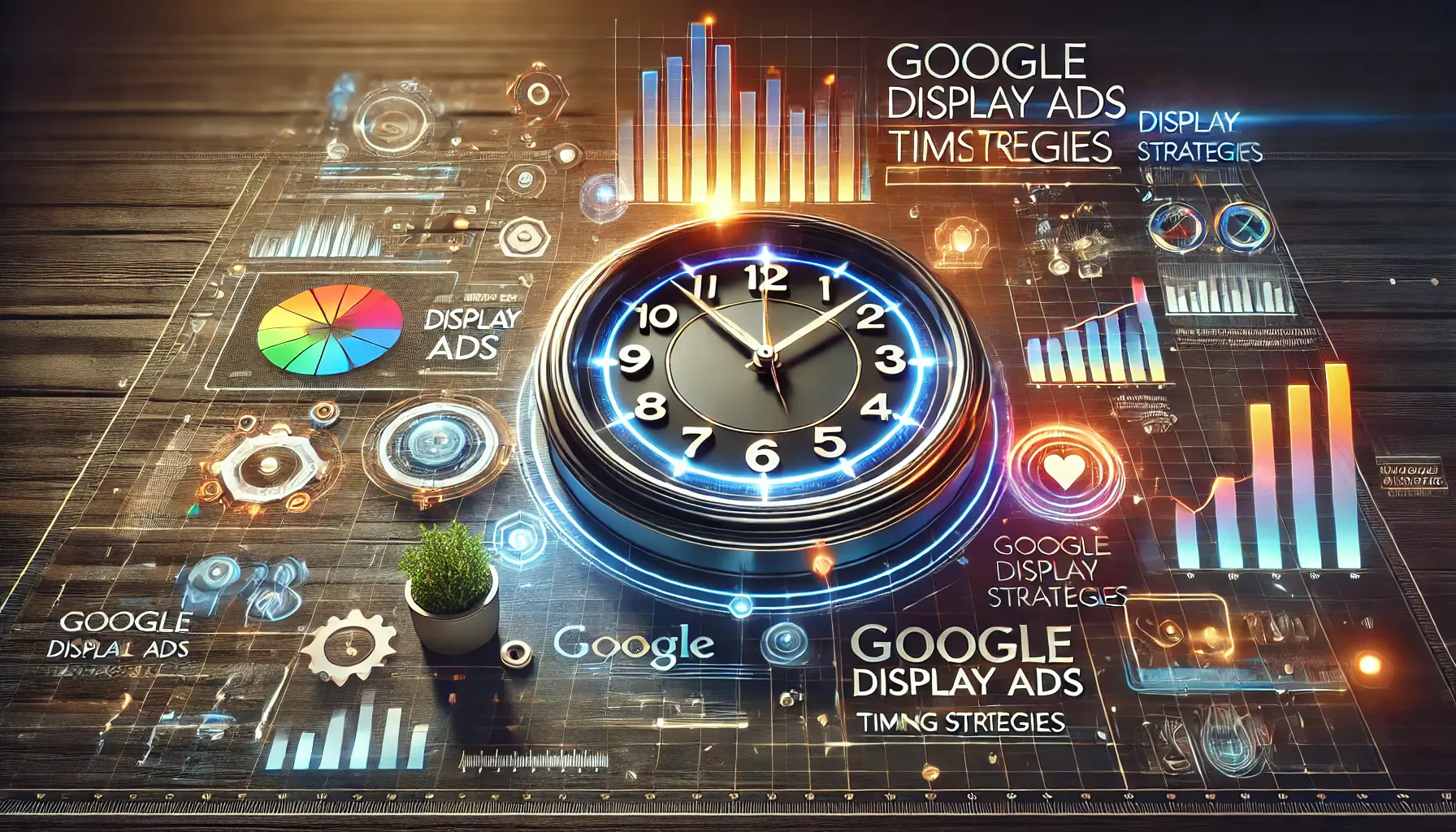 An image featuring a clock surrounded by colorful digital elements, including data charts and ad icons, representing timing strategies for Google Display Ads.