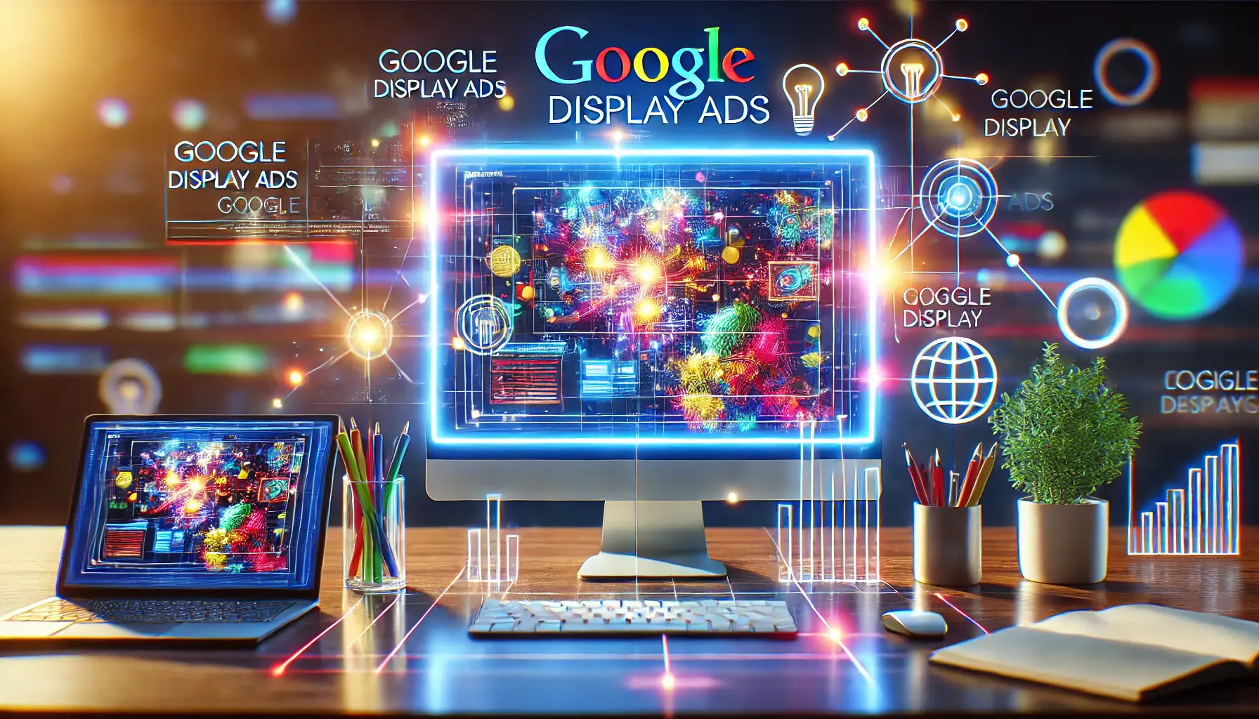 A visually engaging image showcasing digital marketing with a computer screen displaying vibrant ad designs, surrounded by symbols of online connectivity and digital graphs.