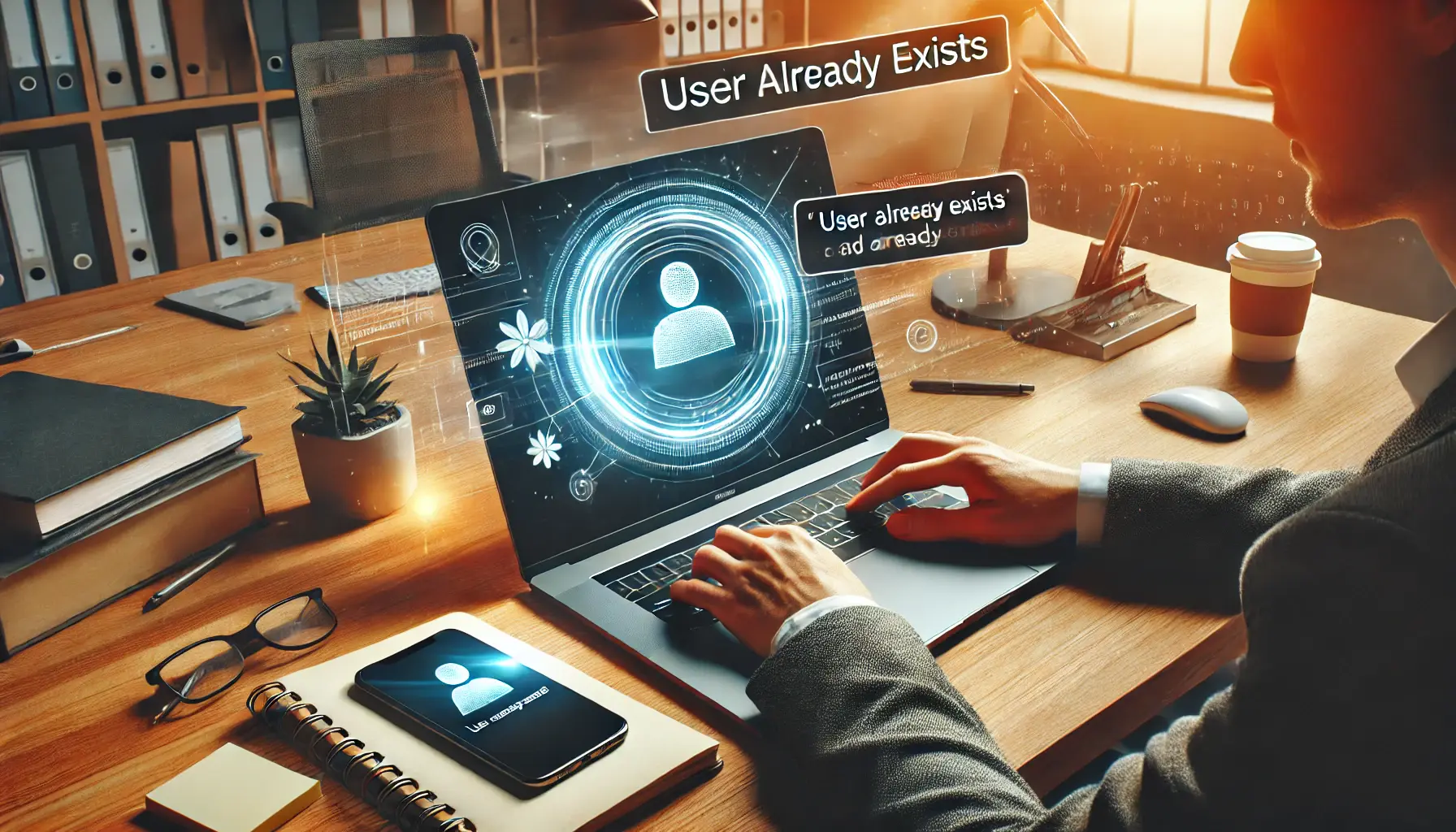 A person encountering a 'User Already Exists' error while adding a new user on a laptop in a modern office, symbolizing the troubleshooting process.
