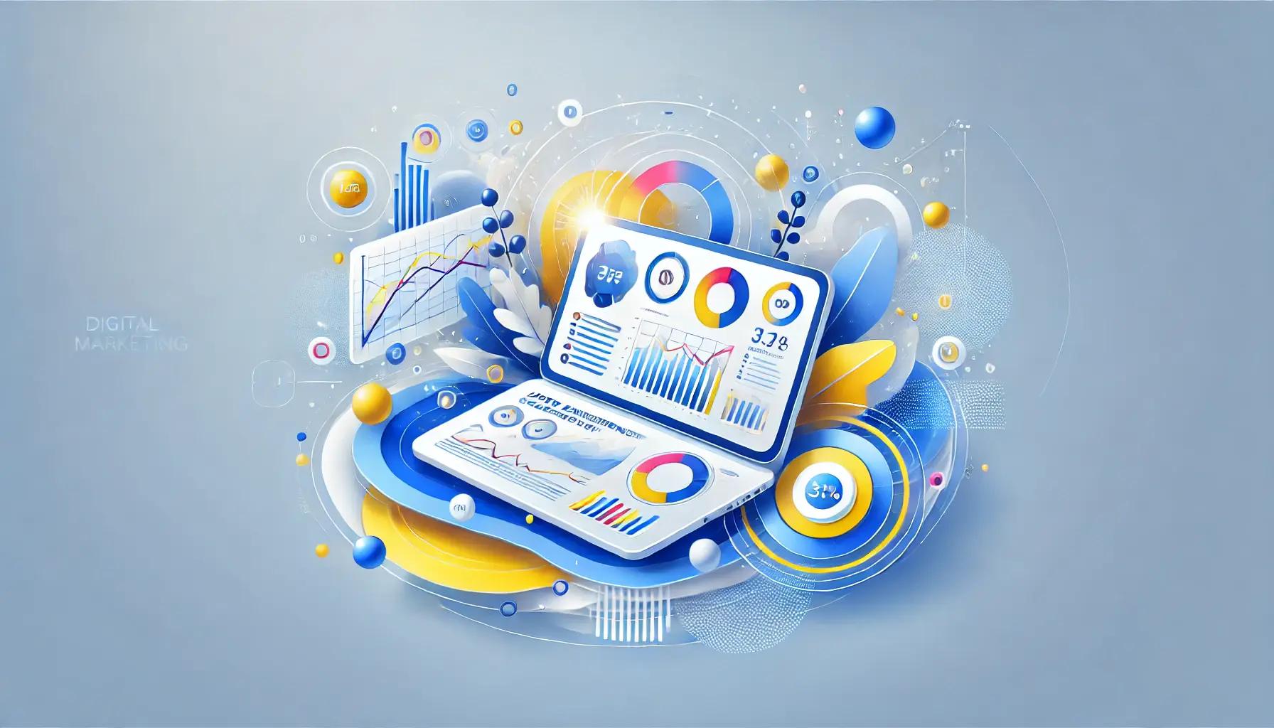 Abstract representation of digital marketing with a computer screen showing charts and analytics, vibrant colors, and smooth gradients.