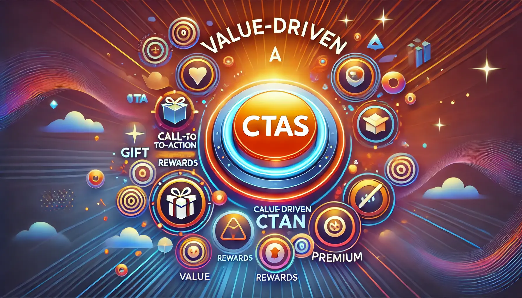 An image featuring a glowing call-to-action button with icons like a gift box and premium badge, surrounded by abstract graphics emphasizing benefits and incentives.