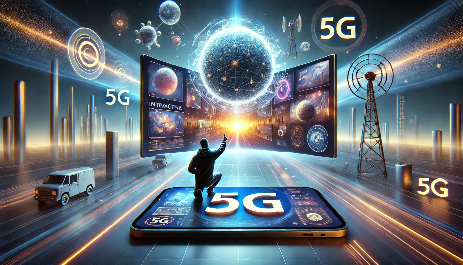 An illustration showing a user interacting with high-quality, immersive interactive ads on a mobile device, powered by 5G technology.