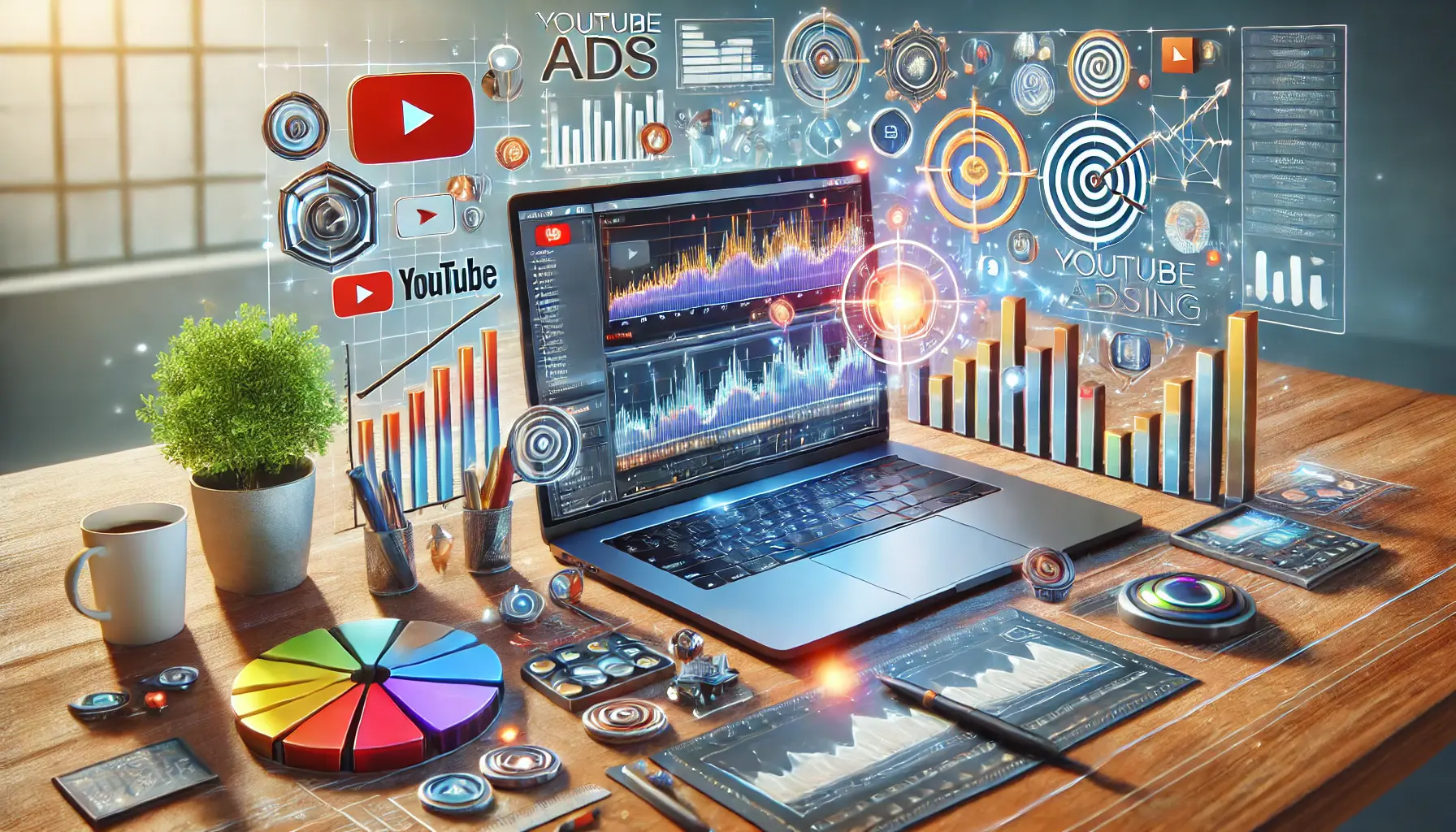 A professional setup showing a laptop screen with YouTube analytics alongside colorful marketing and video editing tools.