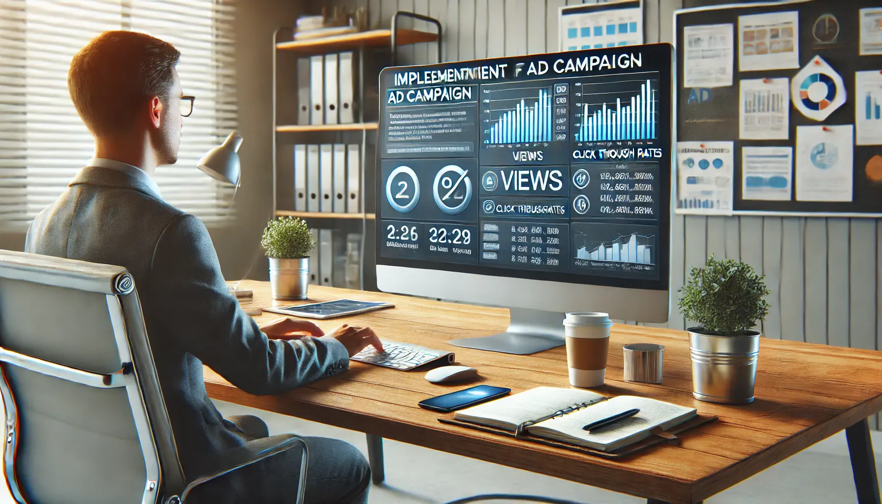 Professional workspace with a monitor displaying ad performance metrics, such as views and click-through rates.