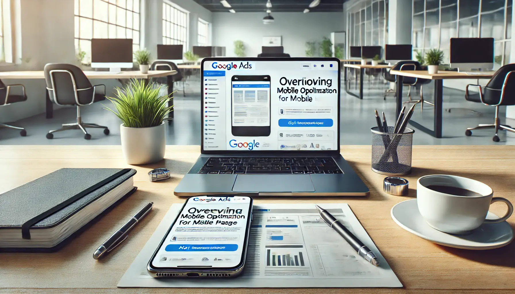 A modern office workspace with a laptop displaying a Google Ads campaign dashboard and a landing page not optimized for mobile devices, with a smartphone showing a distorted version of the same page.