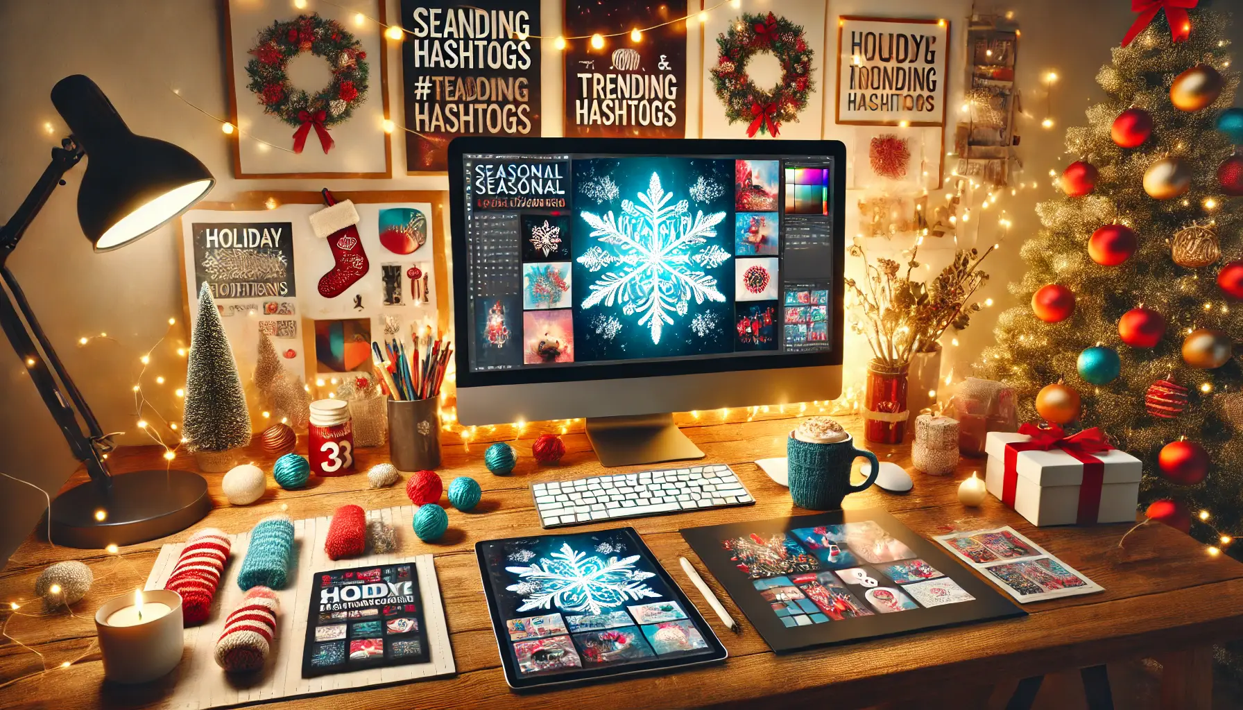 A festive workspace with a monitor displaying holiday-themed ad designs surrounded by seasonal decorations and creative tools.