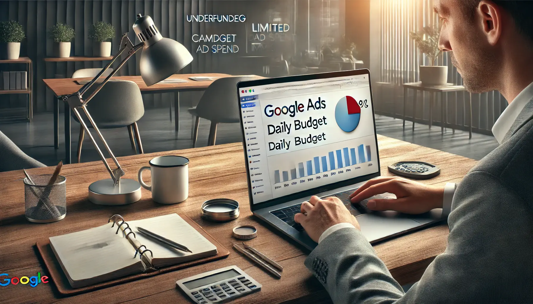 A digital marketer reviewing a laptop screen displaying a Google Ads campaign with a low daily budget and limited ad spend, with a notebook, pen, and coffee cup on the desk in a modern office setting.