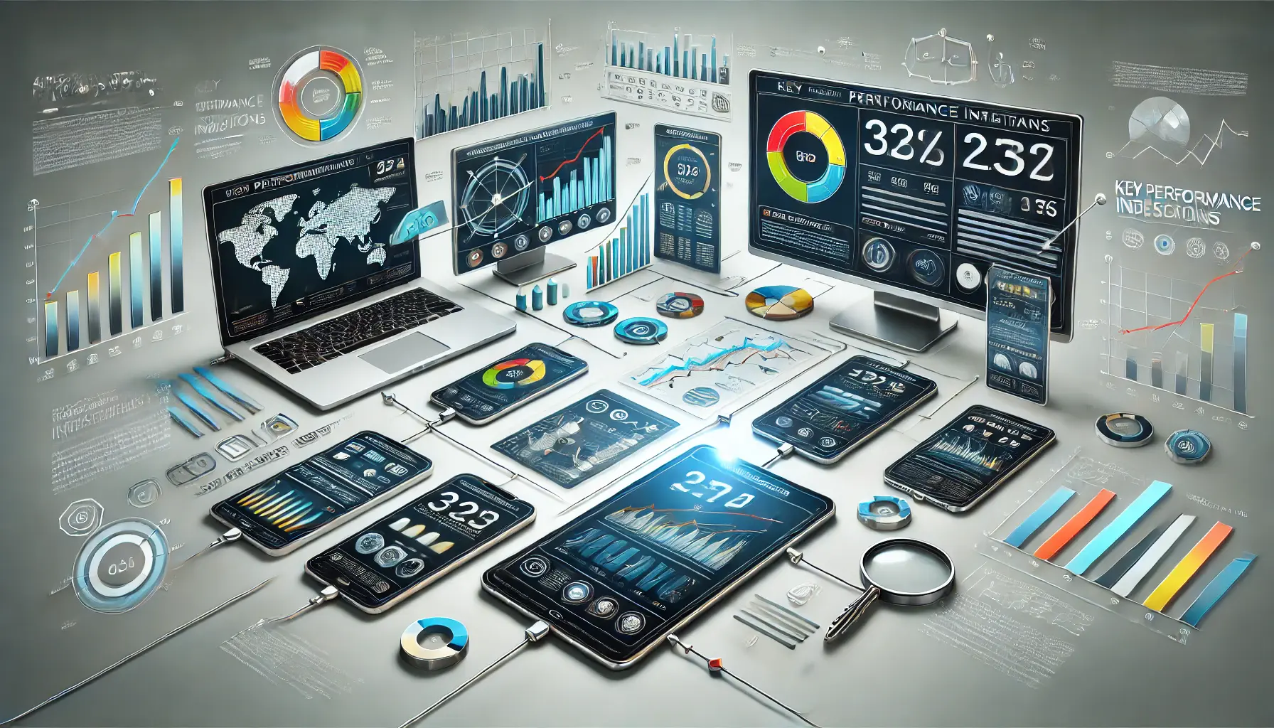 An illustration showing various devices displaying performance metrics like charts, graphs, and analytics dashboards for analyzing digital marketing campaigns.