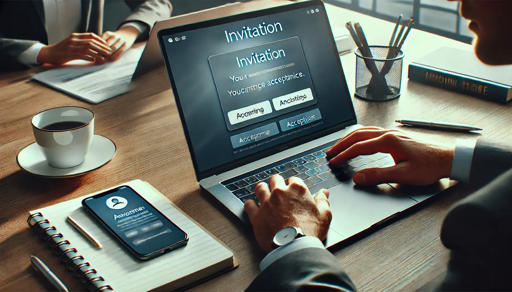 A person waiting for the acceptance of an invitation on a laptop in a modern office, symbolizing the waiting period in the user invitation process.