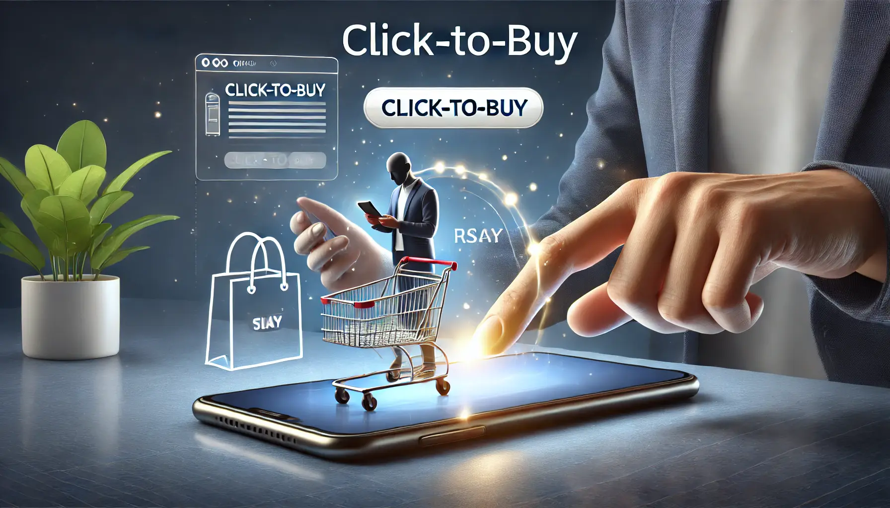 An illustration of a user interacting with a click-to-buy feature on a smartphone, smoothly adding a product to their cart for purchase.