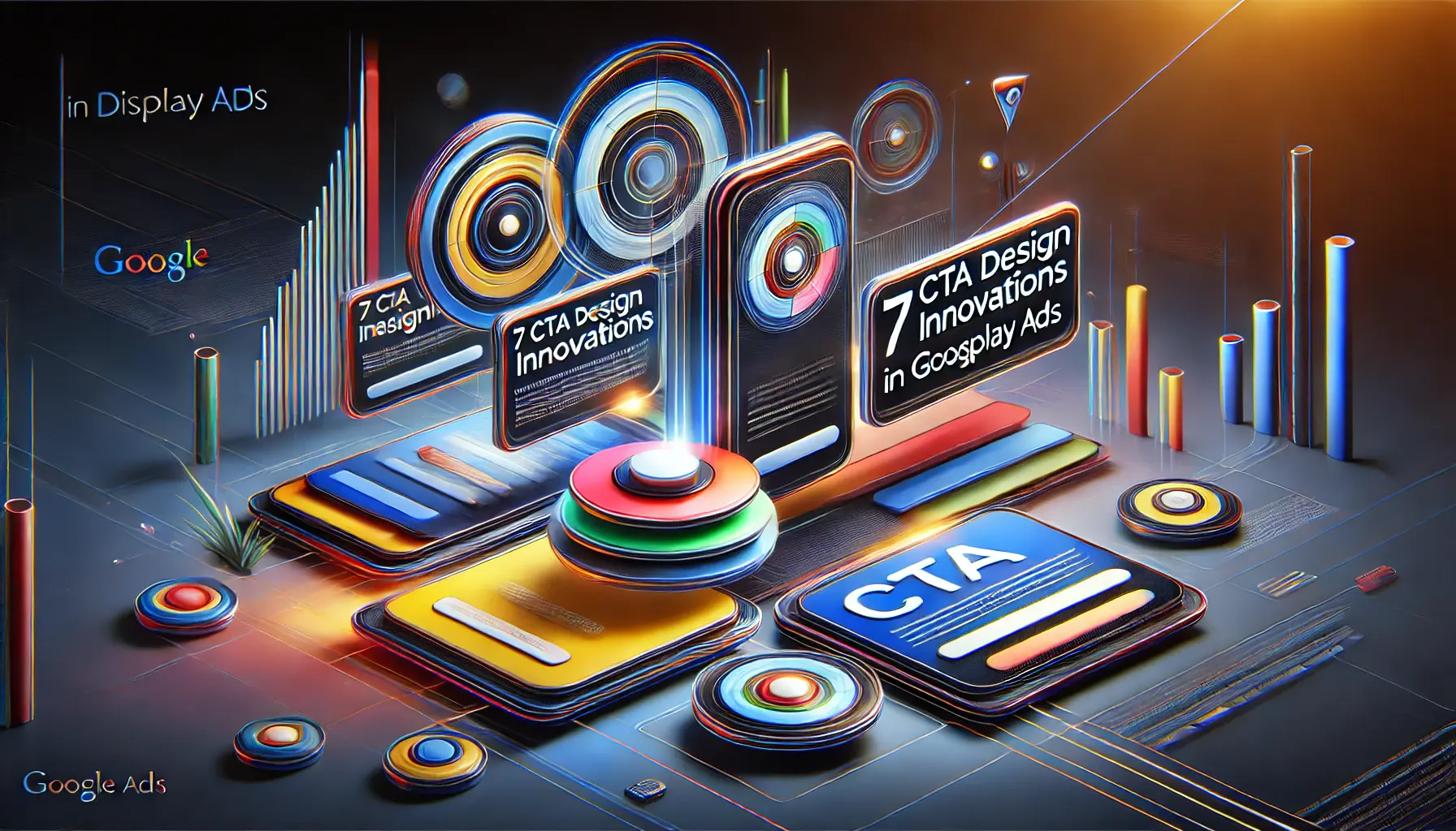 A visually captivating image representing innovative CTA design concepts in Google Display Ads, featuring vibrant clickable buttons with contrasting colors and modern digital interface elements.