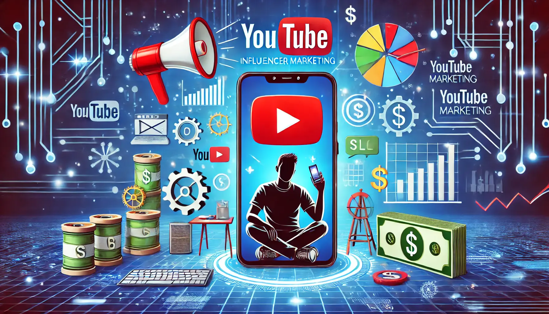 A creative digital illustration showcasing YouTube influencer marketing, featuring a YouTube play button, a smartphone with a content creator, and marketing icons like graphs and dollar signs.