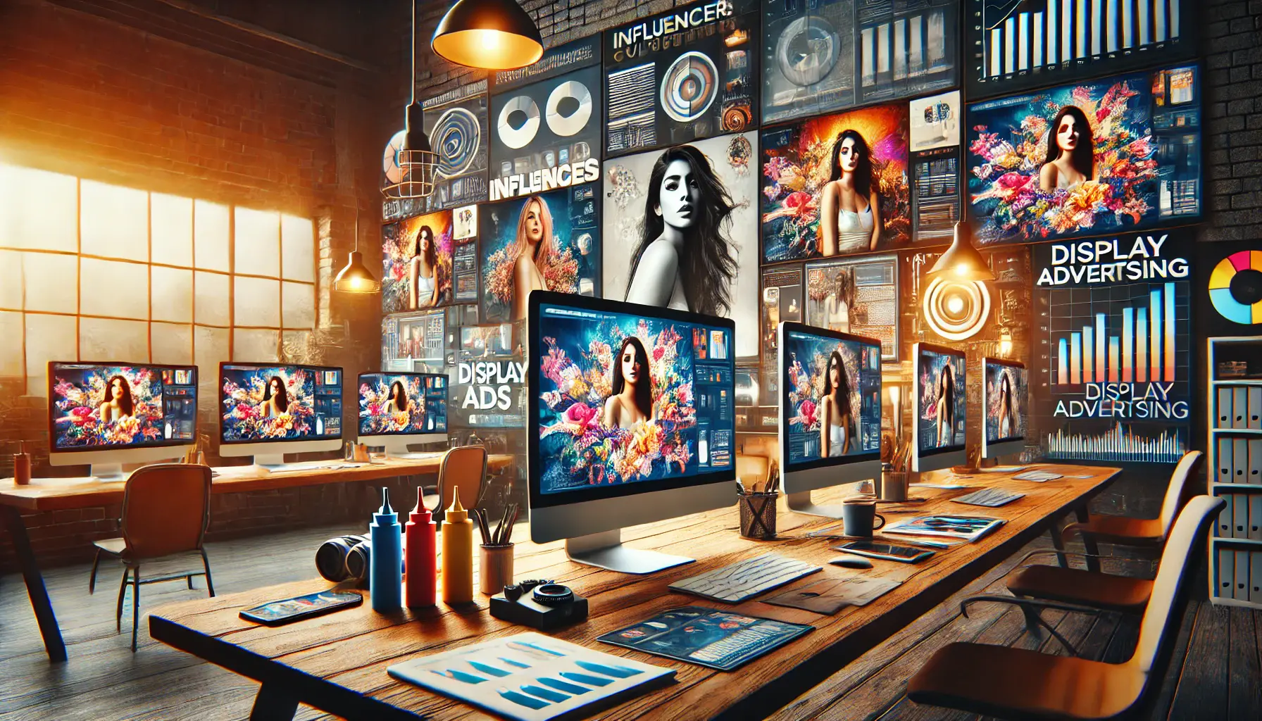 A modern workspace with computer screens displaying influencer-focused digital ads, surrounded by tools like smartphones and marketing charts.