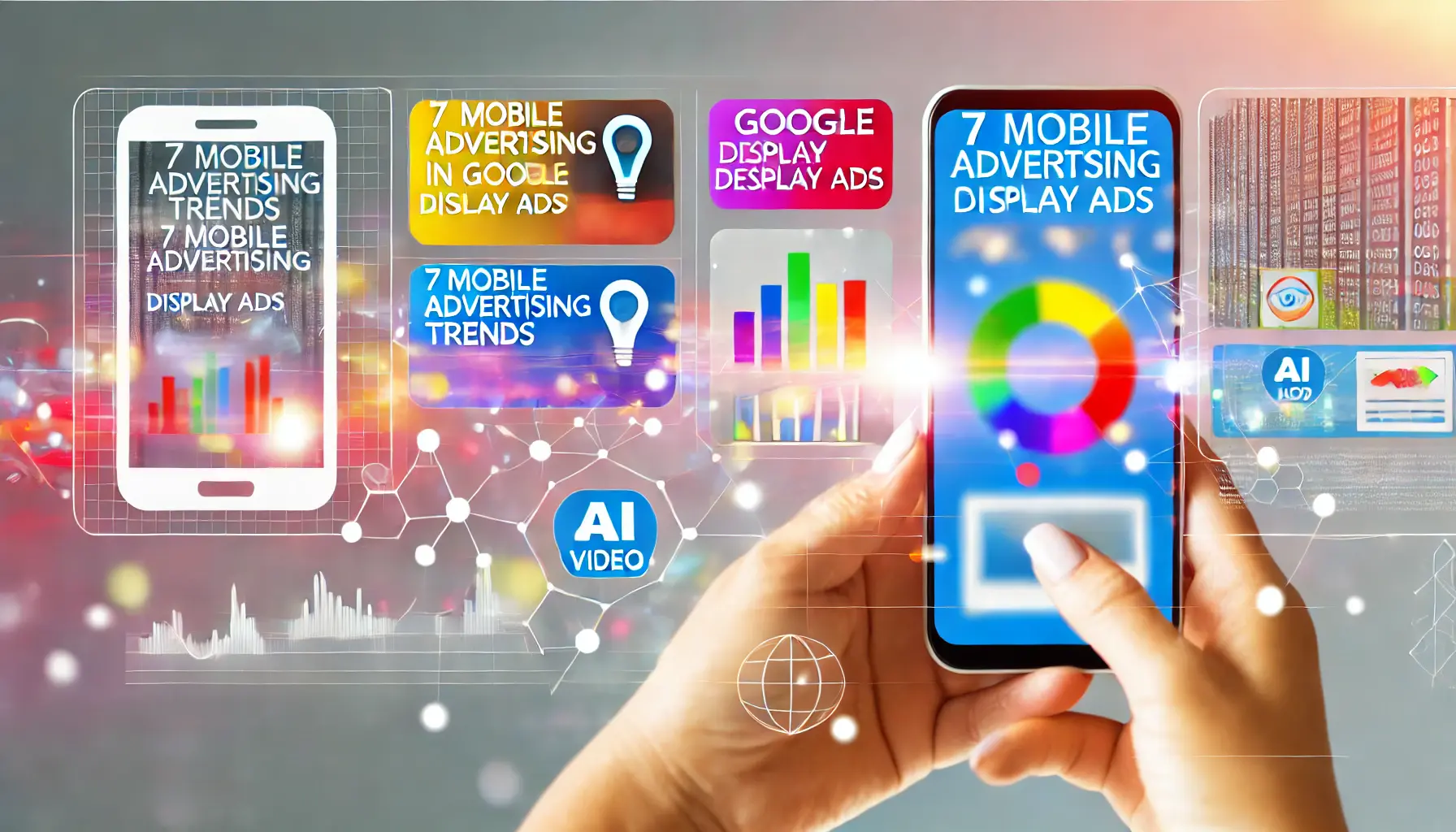 Illustration of mobile advertising trends with smartphones displaying ads, a data analytics dashboard, and icons representing AI, video, and voice search.